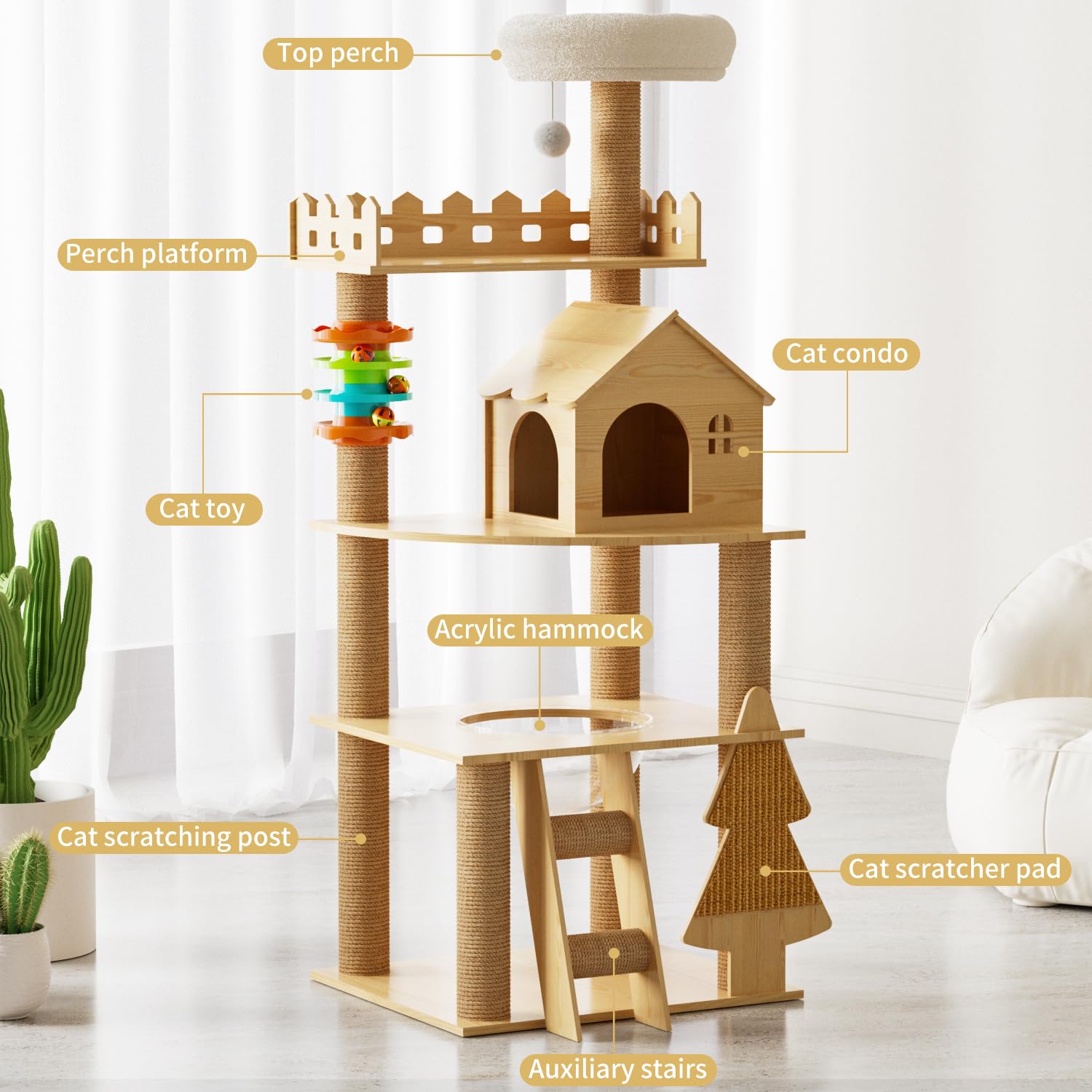 Elegaif Cat Tree Tower, 60.7" Wooden Cat Condo with Sisal Scratching Posts & Acrylic Hammock for Indoor Cats, Model B64