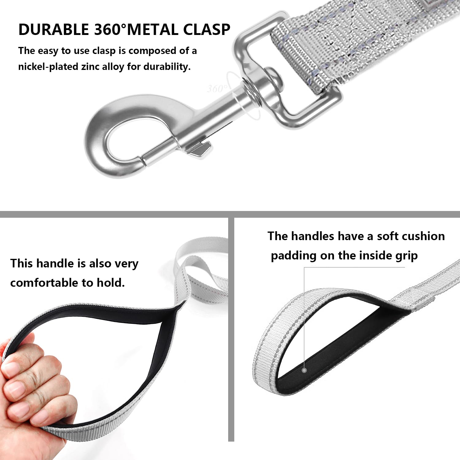 Penseepet Dog Leash 6 Ft Padded Handle Nylon Reflective Dogs Leashes For Medium Dogs Silver