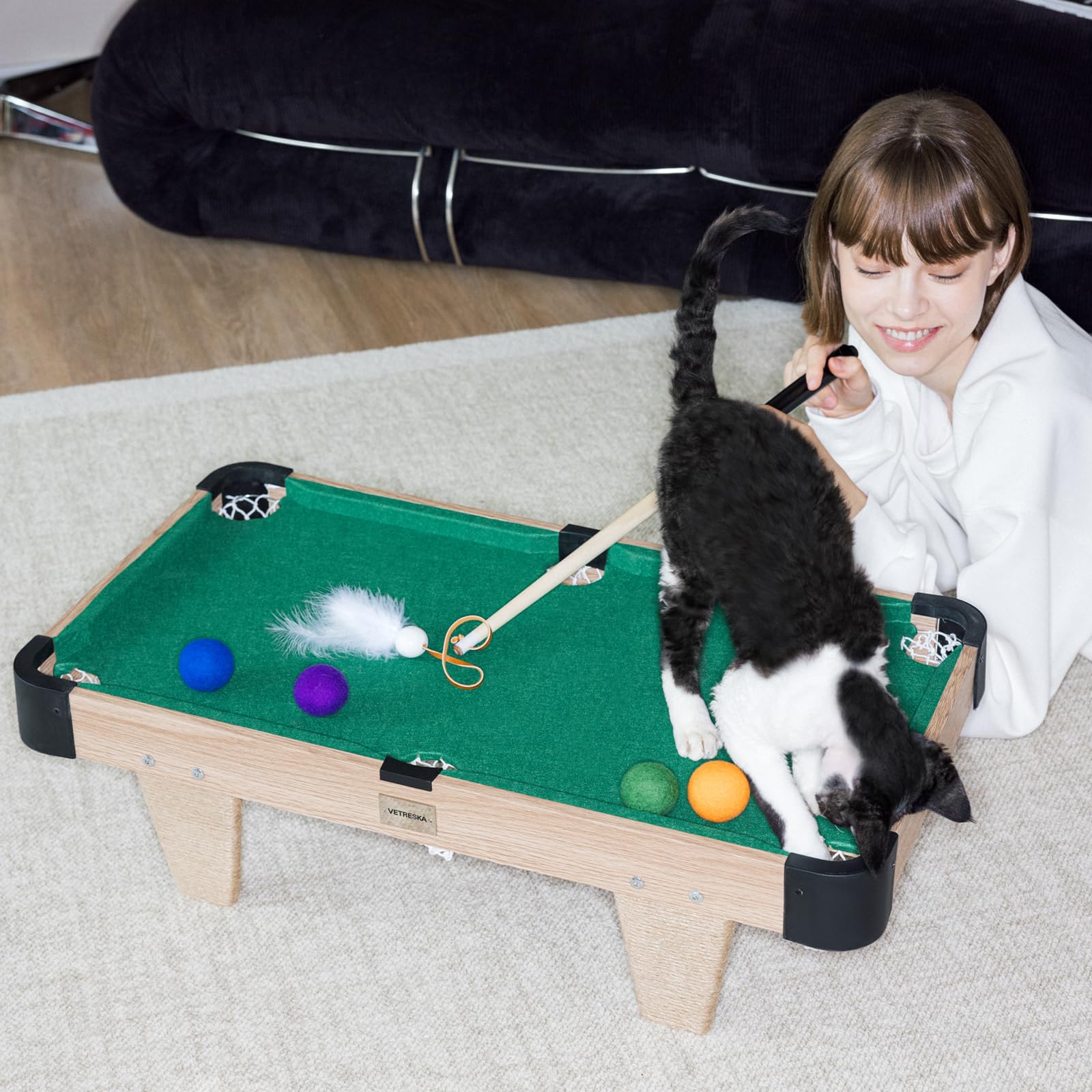 VETRESKA 4 in 1 Cat Toys Mini Pool Table for Cats,Cat Feather Wand Toy Cat Billiard Ball Puzzle Toy,Cat Tree Pool Table Tower wi