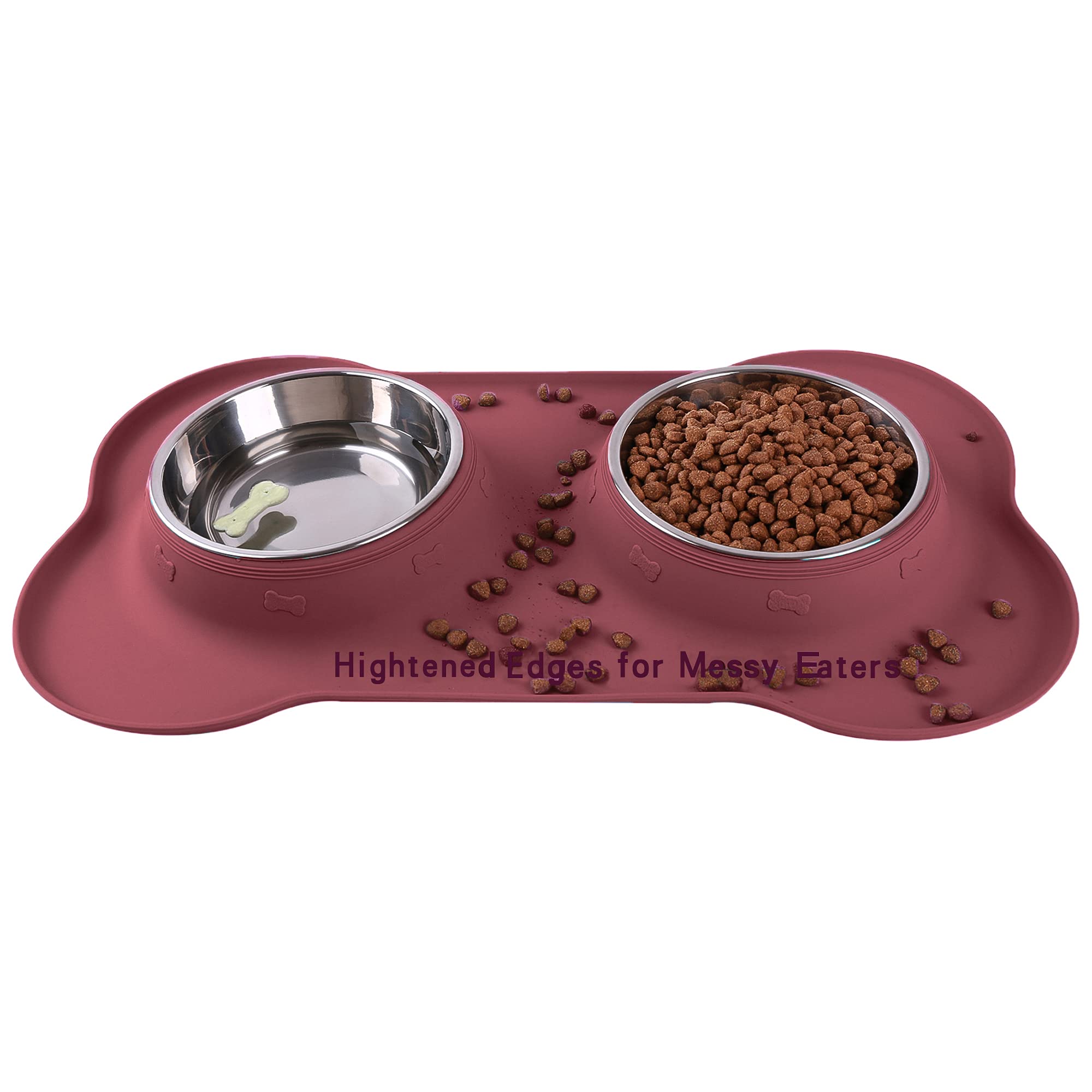 Hubulk Pet Dog Bowls - Stainless Steel with Non-Skid Silicone Mat, Small Size, Burgundy, Includes Food Scoop for Dogs and Cats