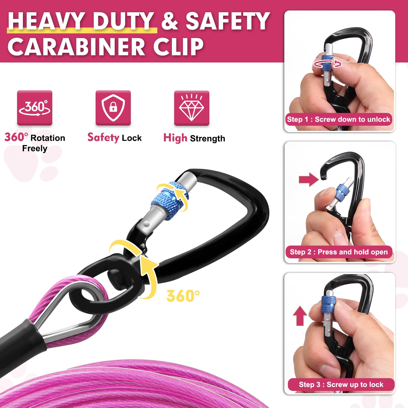 Snagle Paw Heavy Duty Long Leads For Yard 120Ft-1000Lbs Break Strength, Tie Out Cable With Swivel Lockable Hook & Spring, Chew P