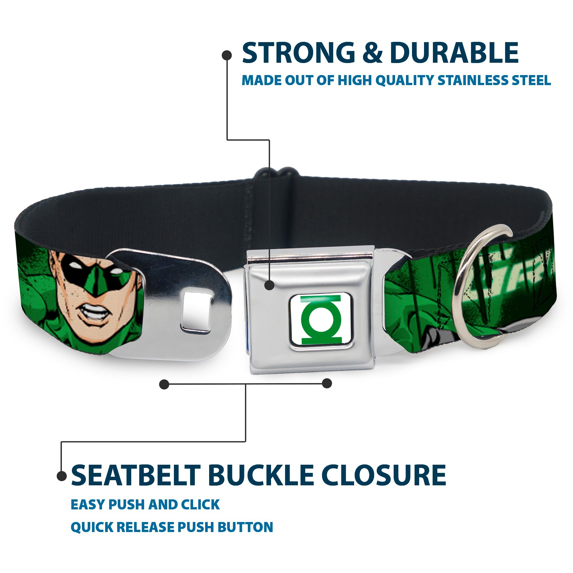 Buckle-Down Seatbelt Buckle Dog Collar - Green Lantern Green Glow W/Text - 1' Wide - Fits 15-26' Neck - Large