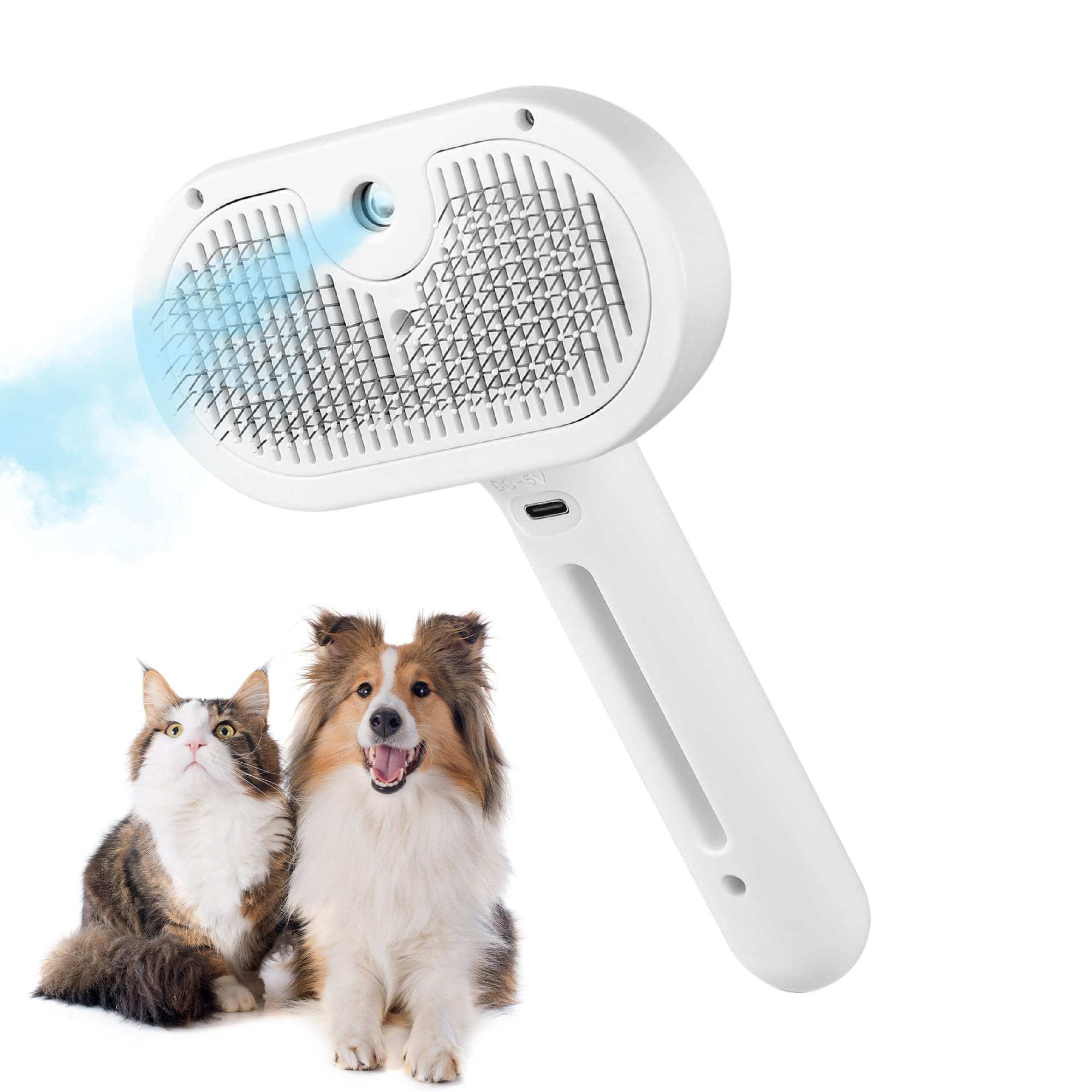 Cat Steam Brush 3 In 1 Steamy Pet Hair Removal Comb Brush Self Cleaning Anti Static Effective Hair Removal Cat Grooming (White)