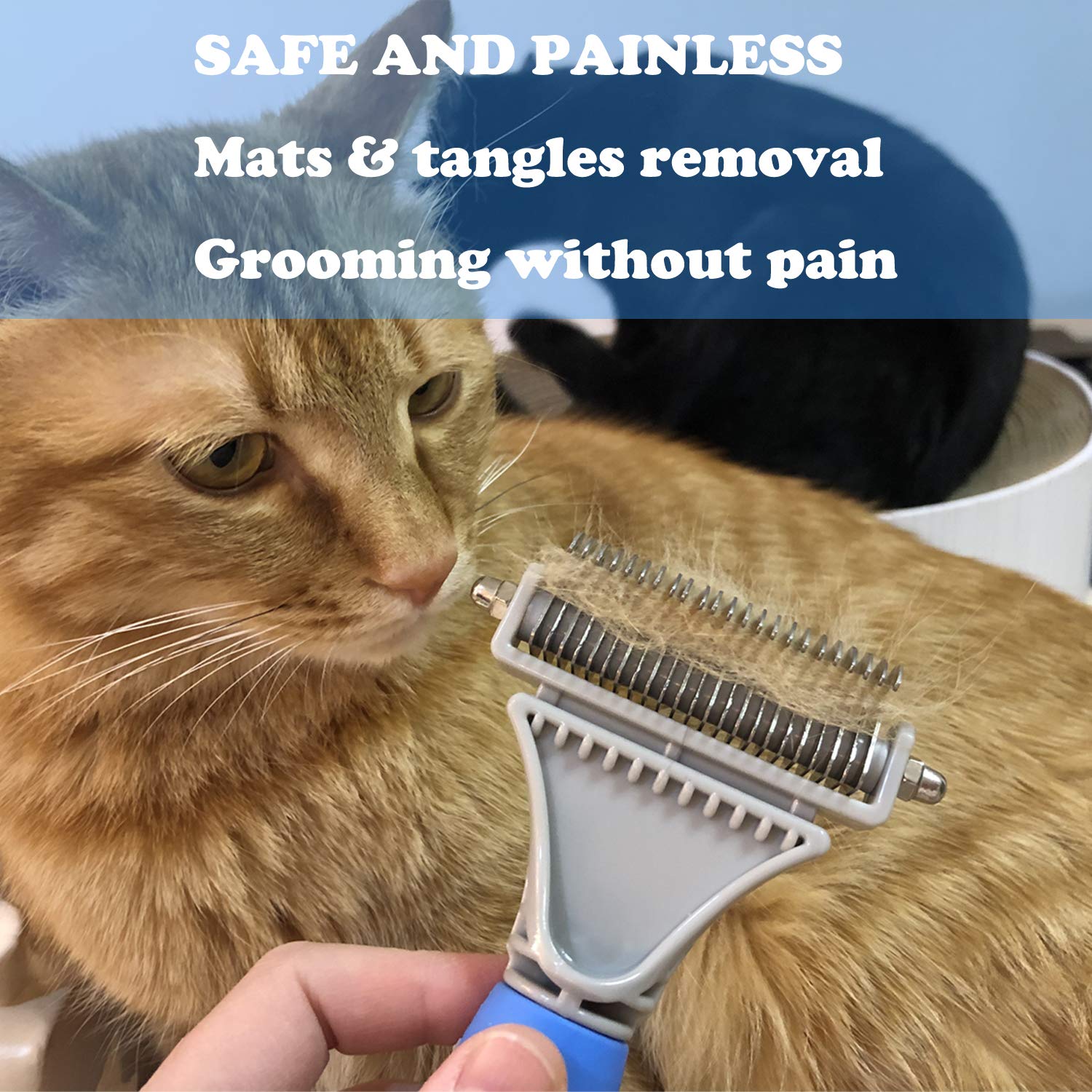 Honguang Pet Dematting Comb - 2 Sided Rake for Medium/Long Haired Cats & Dogs, Metal, Blue - Safe Grooming Tool for Mats & Tangles