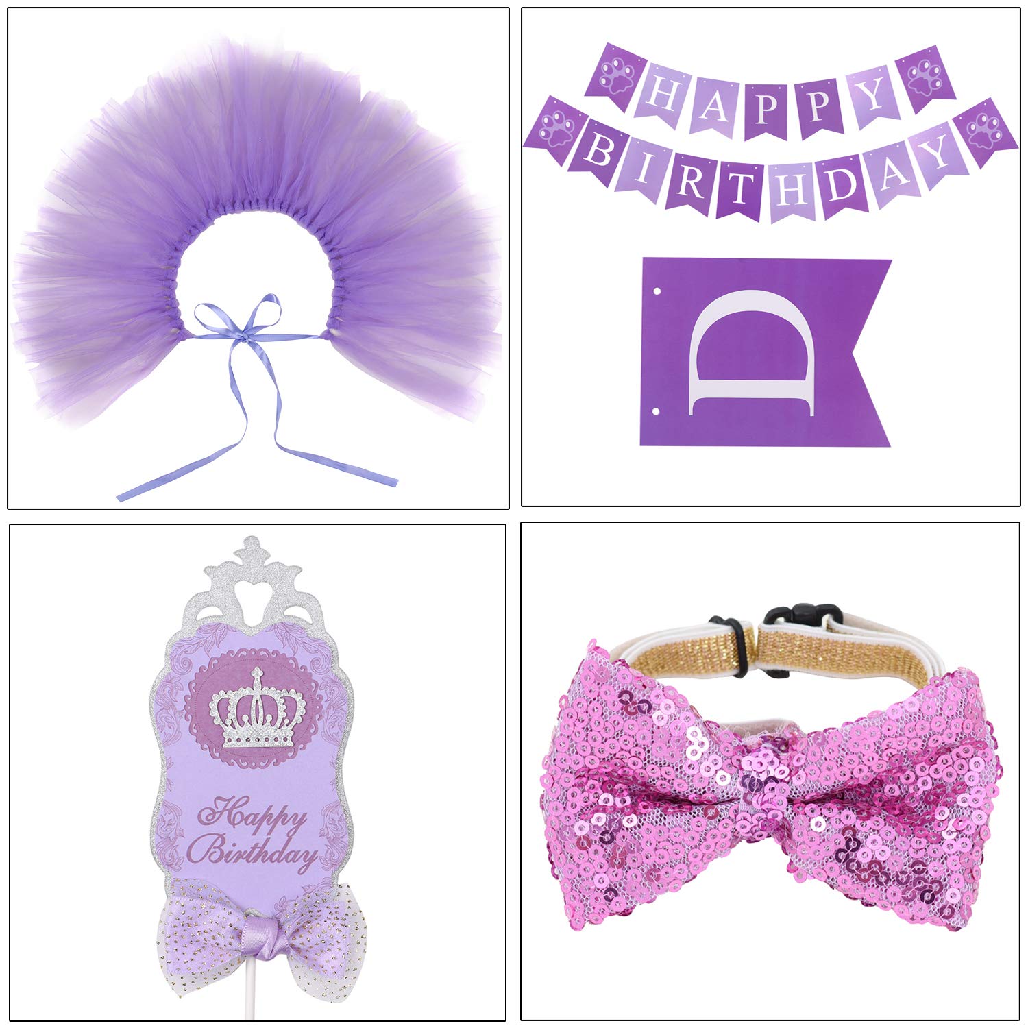 Cozifree Dog Birthday Bandana Girl Boy 6Pcs Birthday Party Supplies - Tutu Skirt Crown Hat Scarf Tie Happy Birthday Banner Cake Topper Decorations Birthday Outfit For Pet Puppy Cat Purple