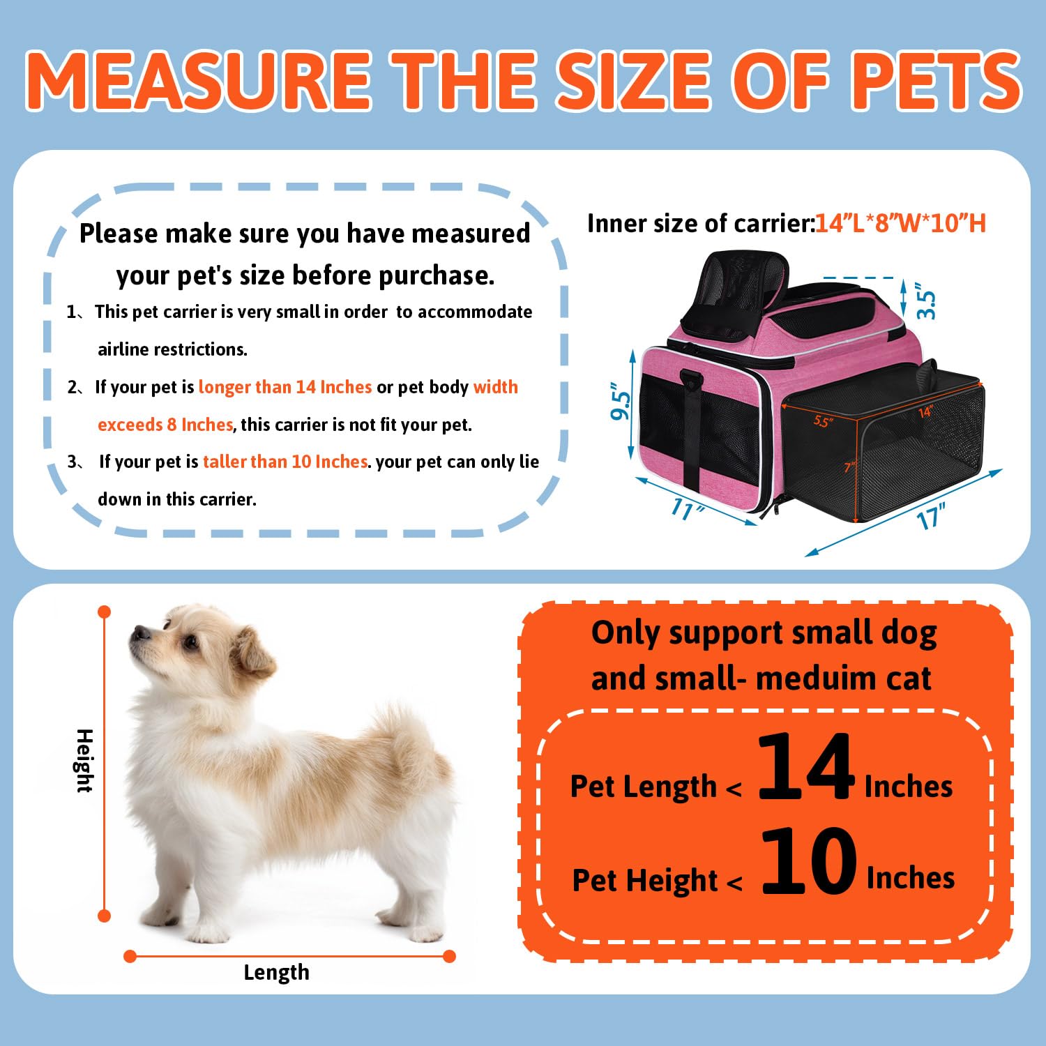 Petskd Top And Side Expandable Pet Carrier 17X11X9.5 Inches Alaska Airline Approved, Soft-Sided Carrier For Small Cats And Dogs