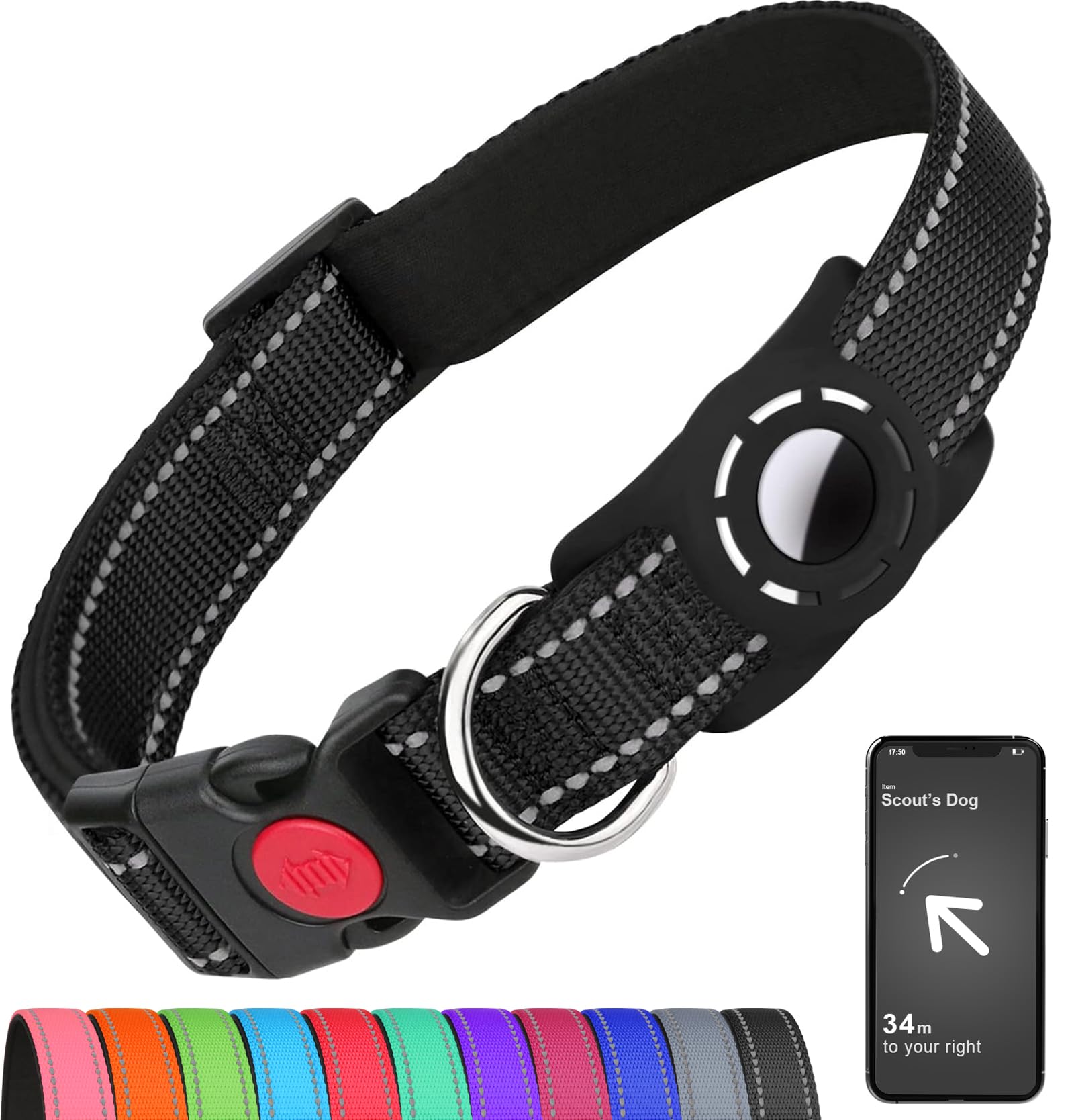 Erbine Airtag Dog Collar For Puppy Dogs, Reflective Dog Collars With Airtag Holder, Soft Padded & Safety Locking Buckle, Nylon Pet Collar Adjustable For All Breeds, Black