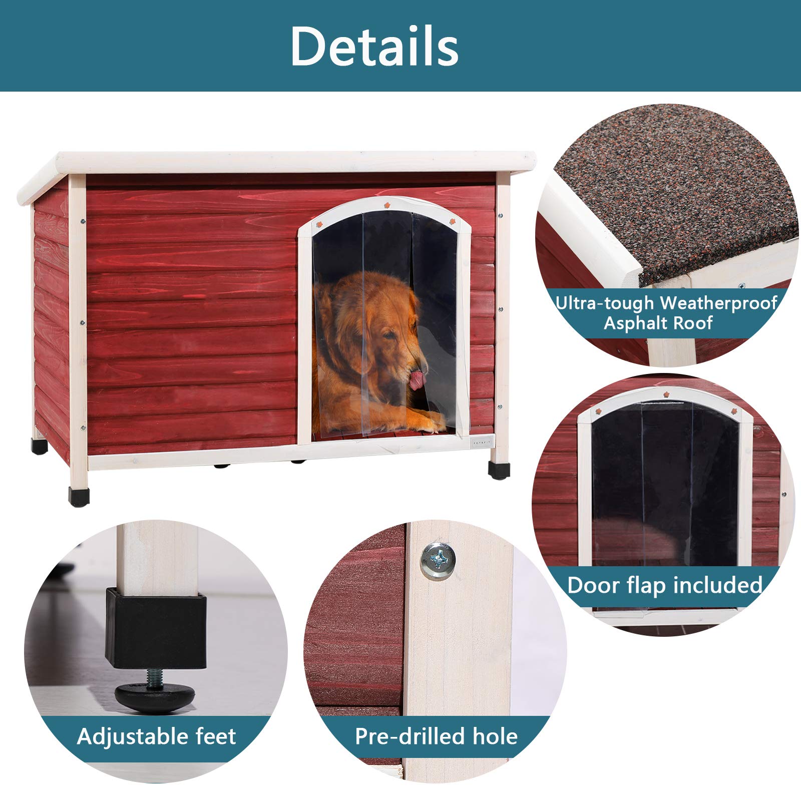 Petsfit Extra Large Dog House, Outdoor Wooden Dog House For Large Dogs, Red, 45.6'L X 31'W X 32'H