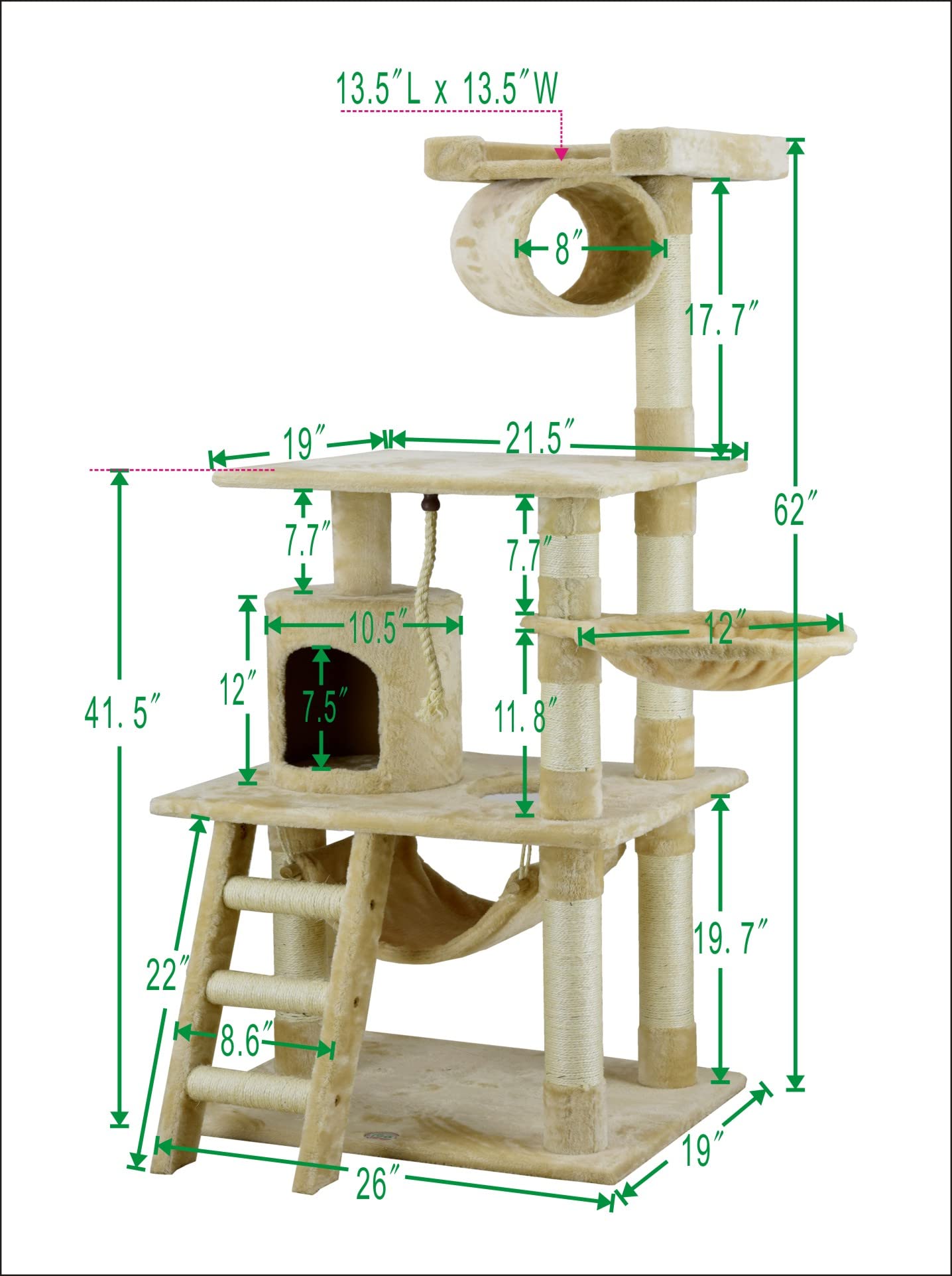 Go Pet Club Classic Cat Tree, Faux Fur Finish, Sisal Rope Scratcher, 62H, Beige