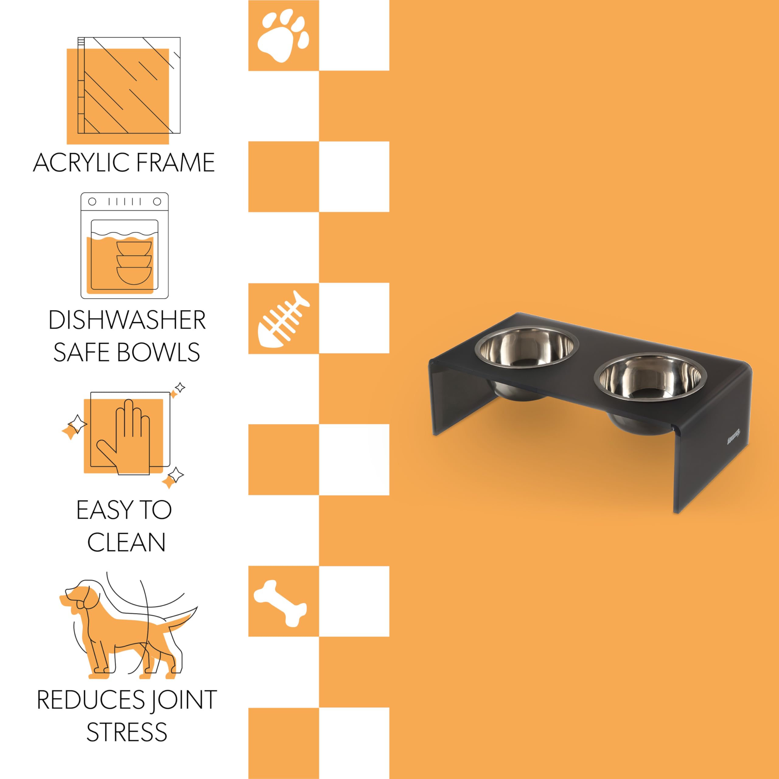 The LICKER Store DBL2000J Keaton 5 Small/Medium Modern Acrylic Rectangular Elevated Pet Feeder with 20oz 2-Stainless Steel Bowls