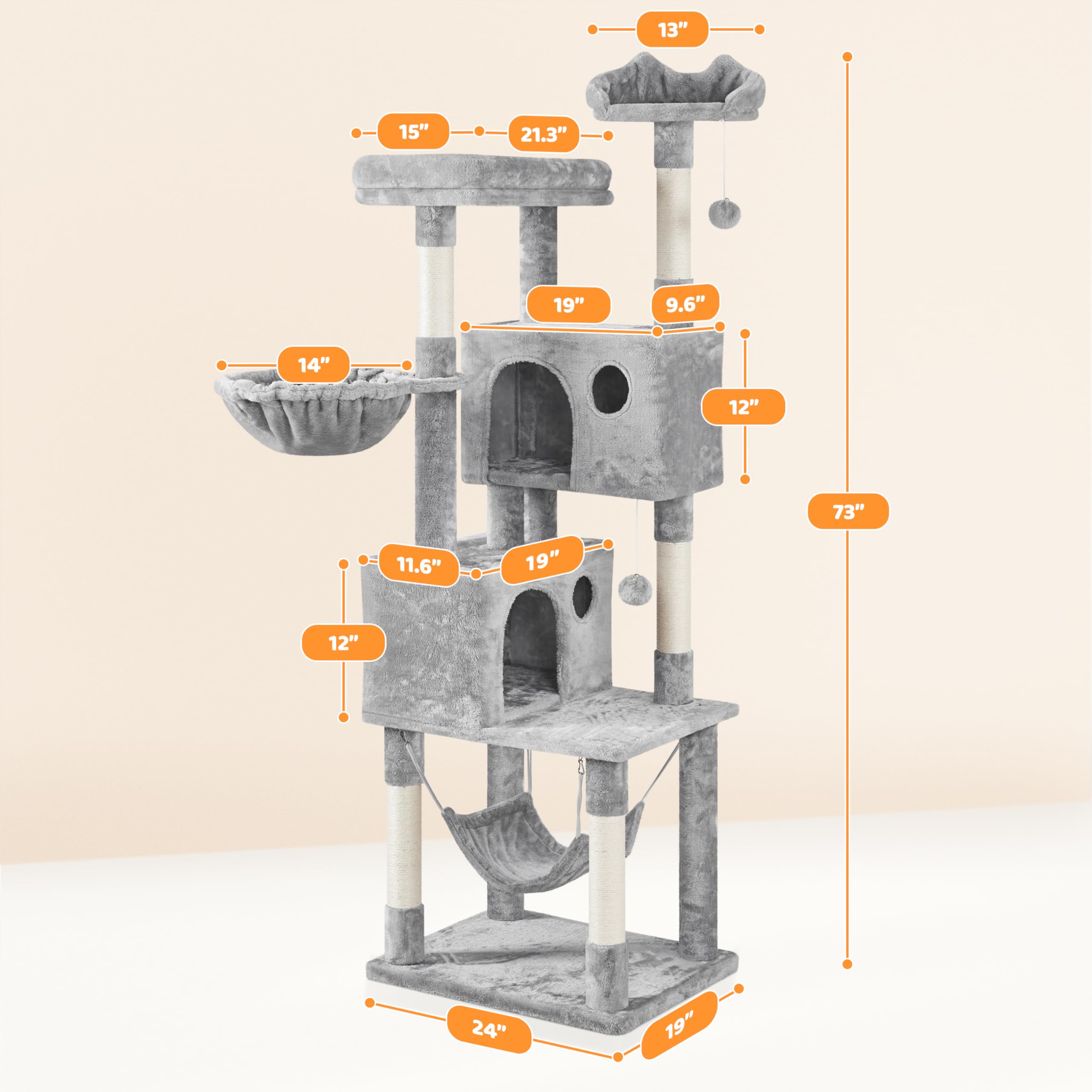 Yaheetech 73In Cat Tree Tower For Indoor Cats, Multi-Level Cat Activity Center With Scratching Posts Large Cat Condo With Funny Hammock For Kittens, Light Gray