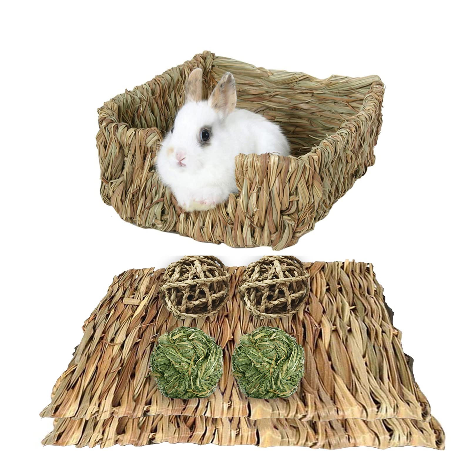 Hamiledyi Rabbit Grass Bed Natural Handmade Hay Mat Chew Balls for Rabbit Gerbil Chinchilla Guinea Pig Ferret Other Small Animal