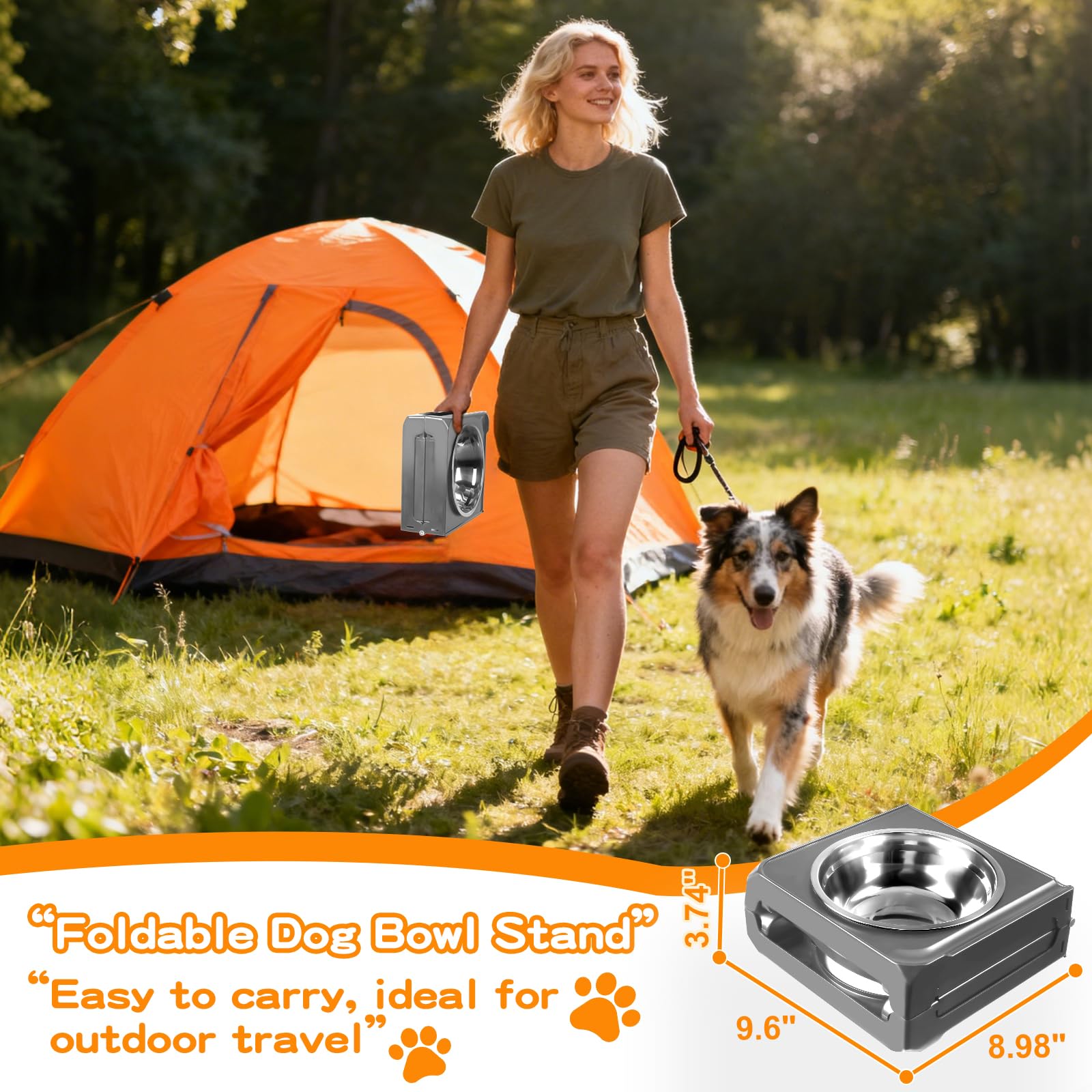 Elevated Dog Bowl Stand Foldable with Dual 7.8 Stainless Steel Bowls, 5 Adjustable Heights (3.9-13.4), Anti-Slip Portable Travel