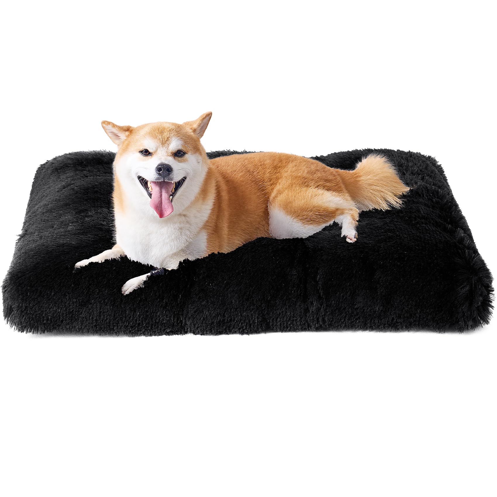 Eheyciga Fluffy Dog Crate Bed For Large Dogs, Plush Faux Fur Dog Crate Pad, Calming Anti Anxiety Large Dog Bed For Crate, Washable Soft Warm Dog Crate Mat With Non-Slip Bottom, Black
