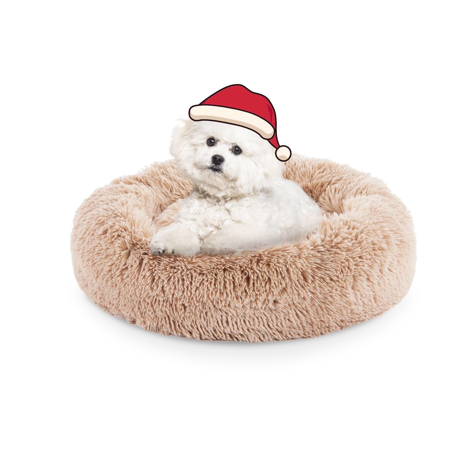 Fluffydream 24 Inch Donut Calming Cat Bed, Brown Dog Round Sofa Washable, Plush Fur Pet Chair, Brown