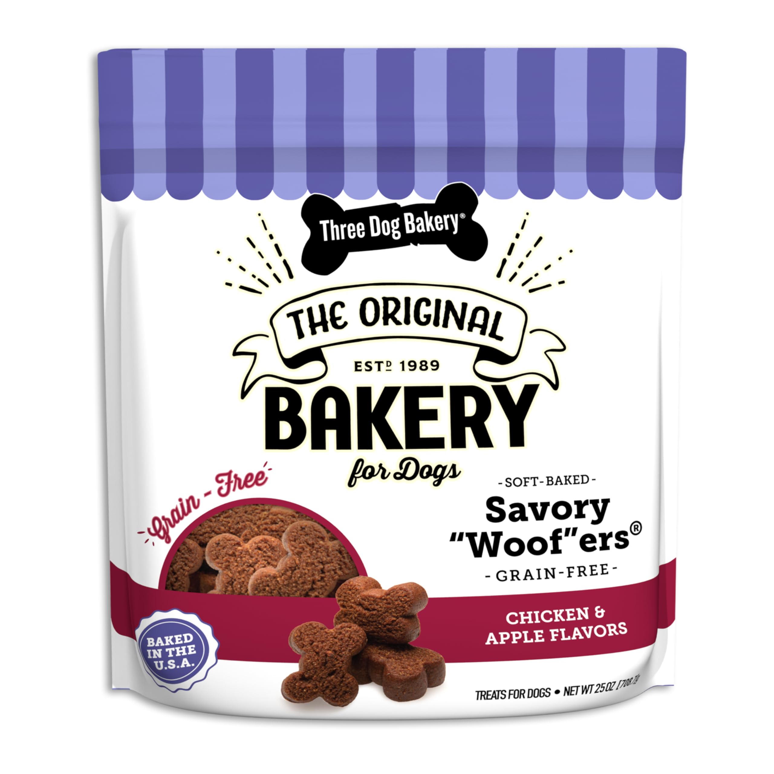 Three Dog Bakery Grain-Free Savory Woof ers in Chicken & Apple - Low Fat Dog Treats, Chicken & Apple Flavored Puppy Training Tre
