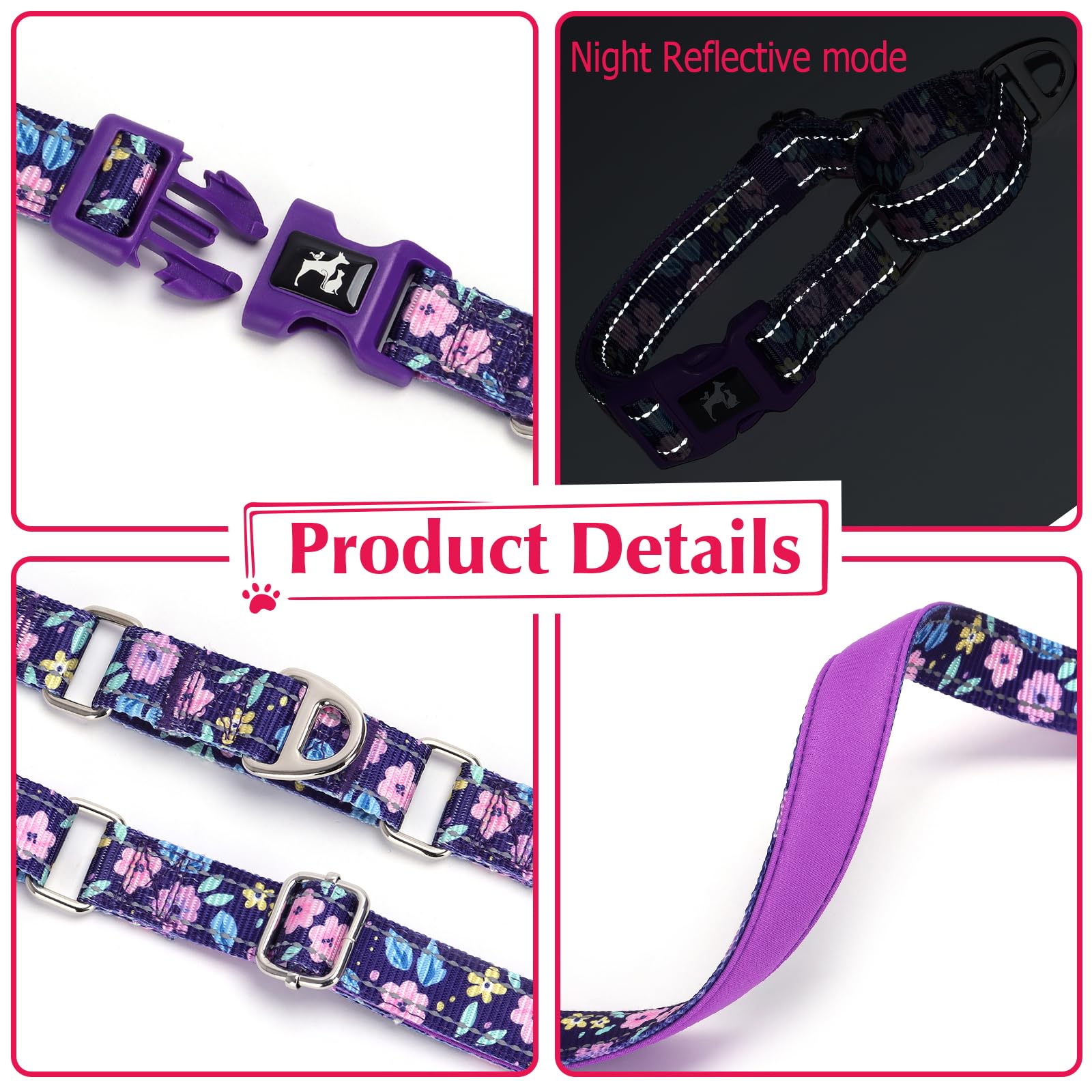 Onefojojo Martingale Collar For Female Dogs, Reflective Adjustable Soft Nylon Dog Collars With Cute Floral Patterns For Small Me