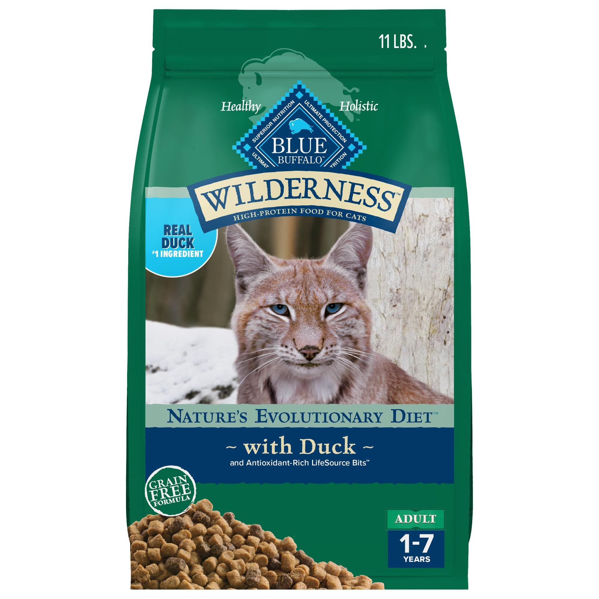 Blue Buffalo Wilderness Duck Supports Health and Wellness High-Protein & Grain-Free Healthy Adult Dry Cat Food 11 lbs.