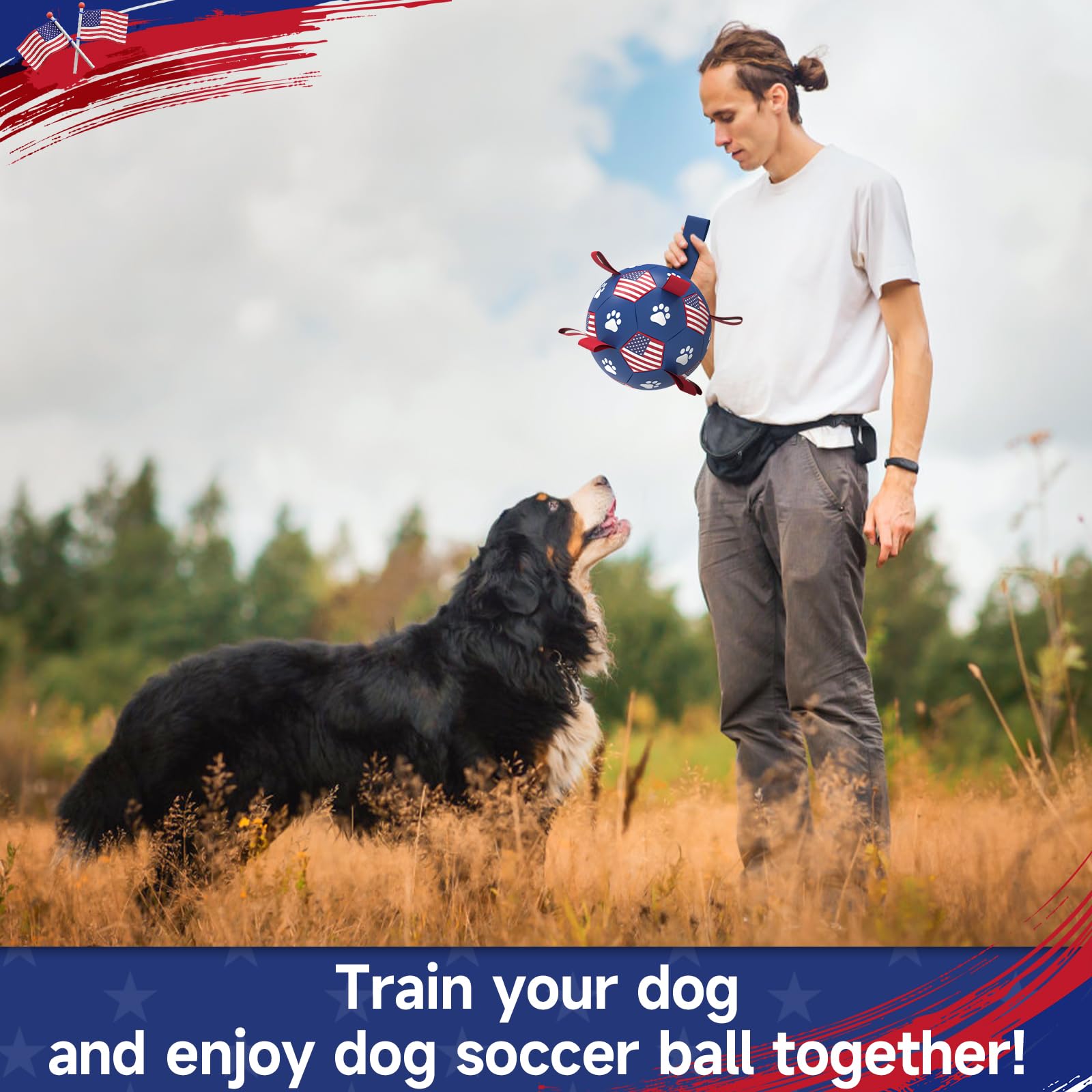 Qdan Dog Toys Soccer Ball With Straps - Durable Dog Balls For Extra Large Dogs, Beach Pool Dog Water Toy, Puppy Dog Birthday Gifts, Herding Balls For Dog (9 Inch), American Flag