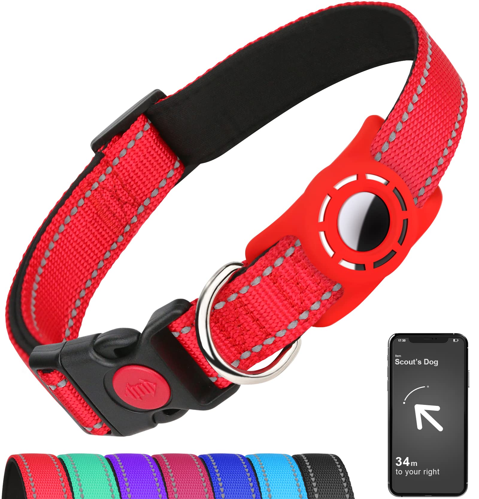 Erbine Airtag Dog Collar For Medium Dogs, Reflective Dog Collars With Airtag Holder, Soft Padded & Safety Locking Buckle, Nylon Pet Collar Adjustable For All Breeds, Red
