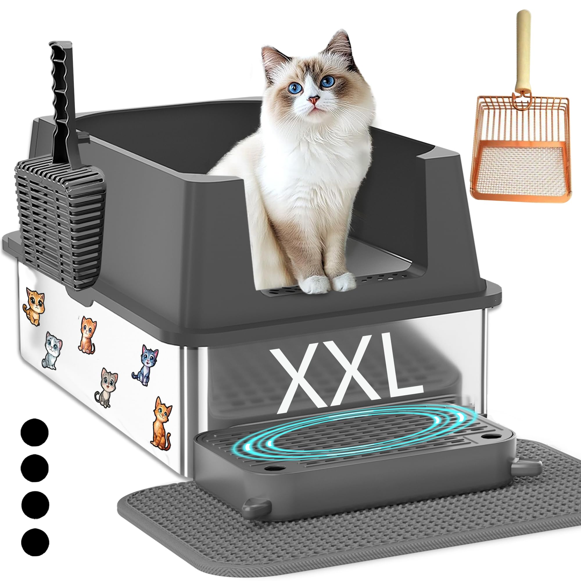 Extra Large Stainless Steel Cat Litter Box With High Sided Walls For Big Cats, Anti Urine Leakage, Odorless And Easy Cleaning, F