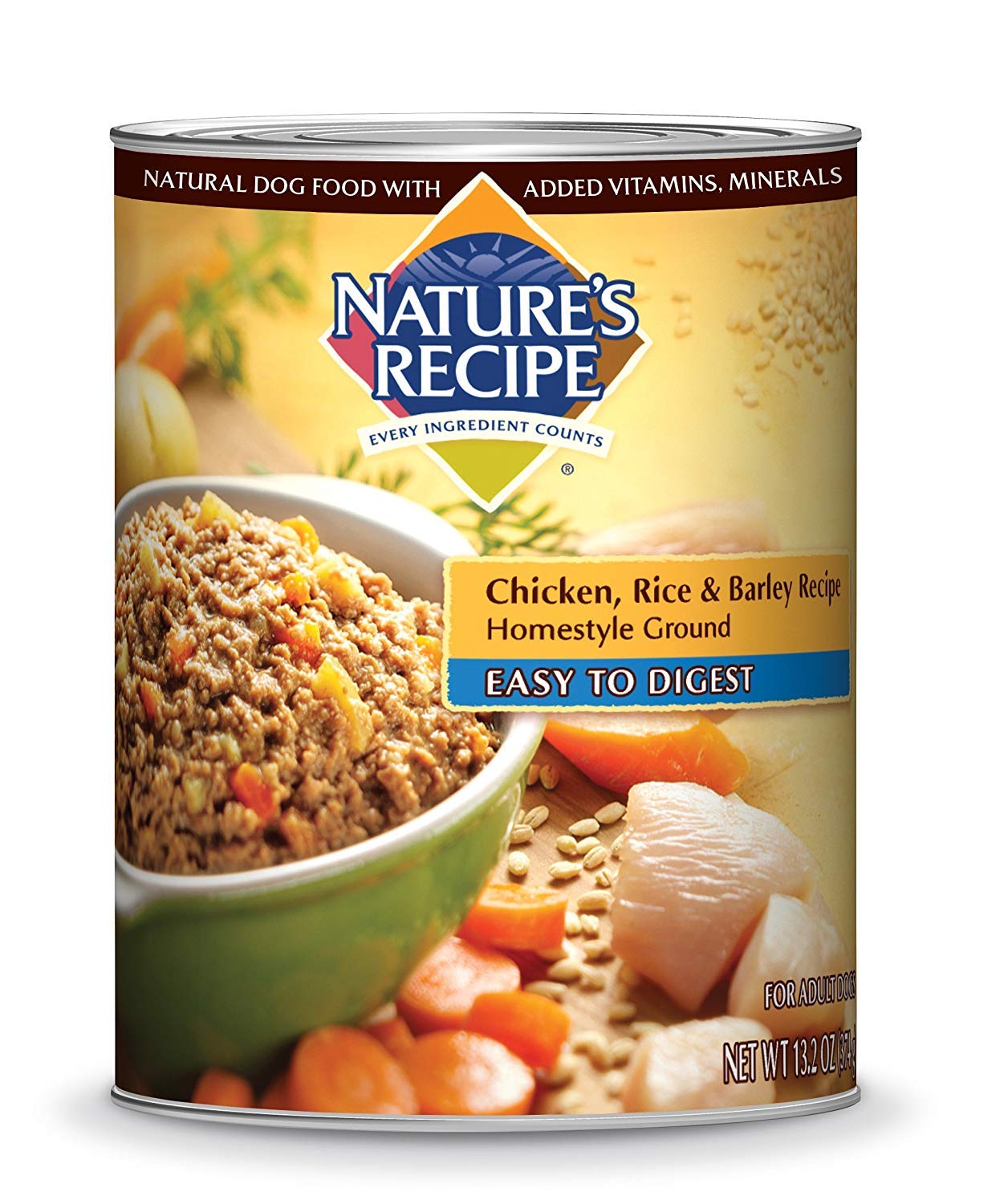 Nature s Recipe Wet Dog Food, Chicken, Rice & Barley Recipe Ground Formula, 13.2 Ounce Can (Pack of 12)