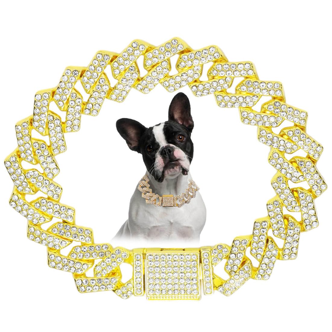 Dog Gold Chain Collar, Diamond Metal Cuban Link Dog Collar,15Mm Wide Bling Sparkly Puppy Necklace For Small Medium Large Pet Dog