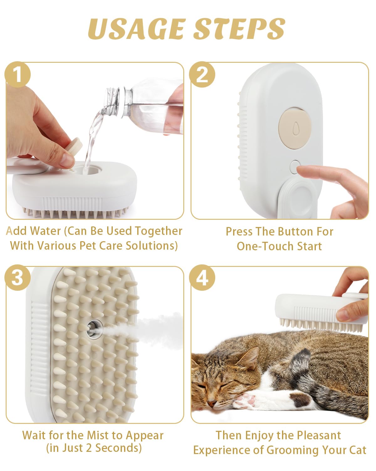 Fdidy 4 In 1 Cat Steam Brush For Shedding, Portable Anti-Static Grooming Comb For Cats & Dogs, Steam Misting Water Brush, Self-C