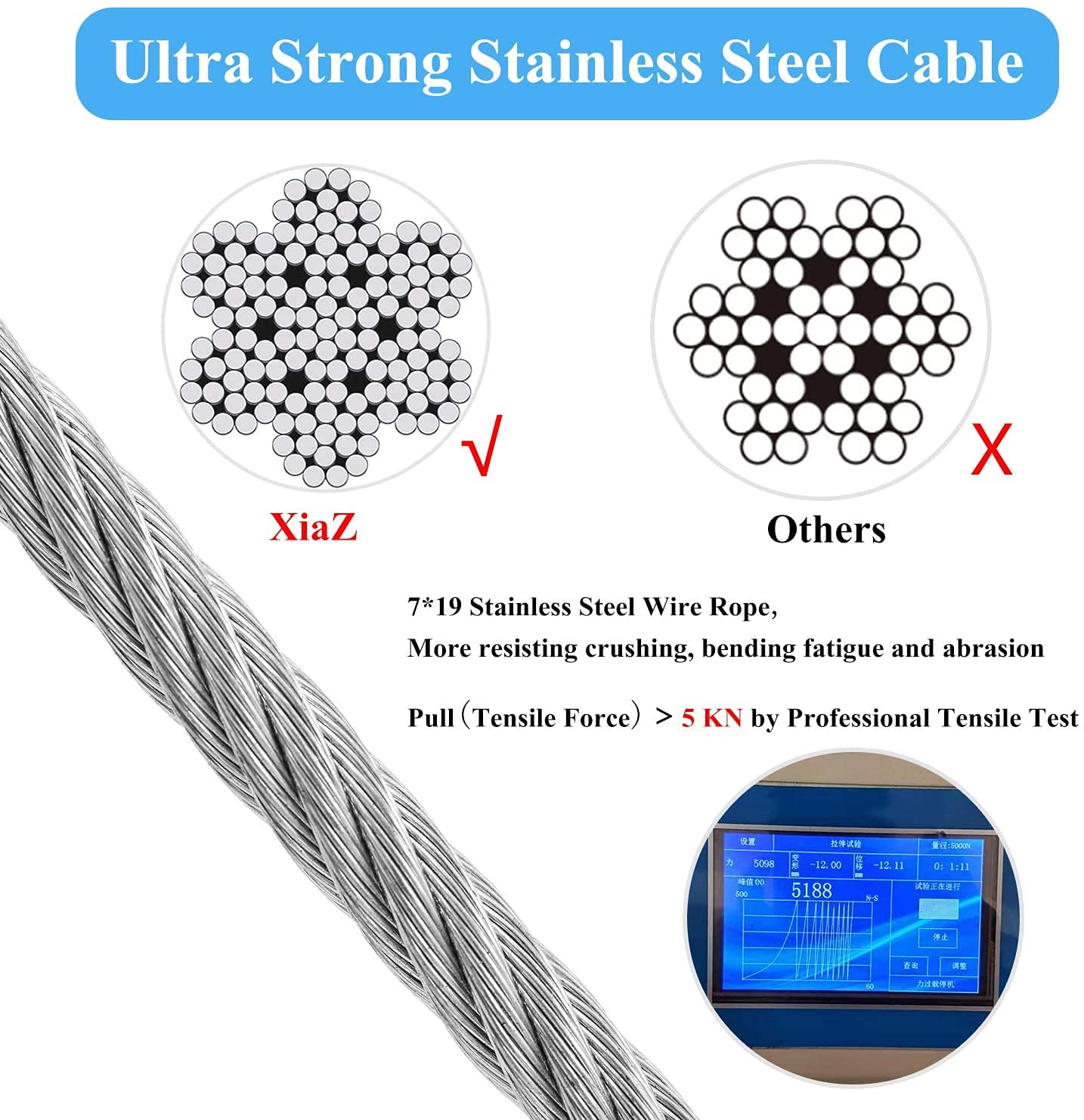 XiaZ Dog Runner Tie Out Cable, 250lbs 15ft, Stainless Steel, Silver, Ideal for Yard, Camping, Park, Outside Use