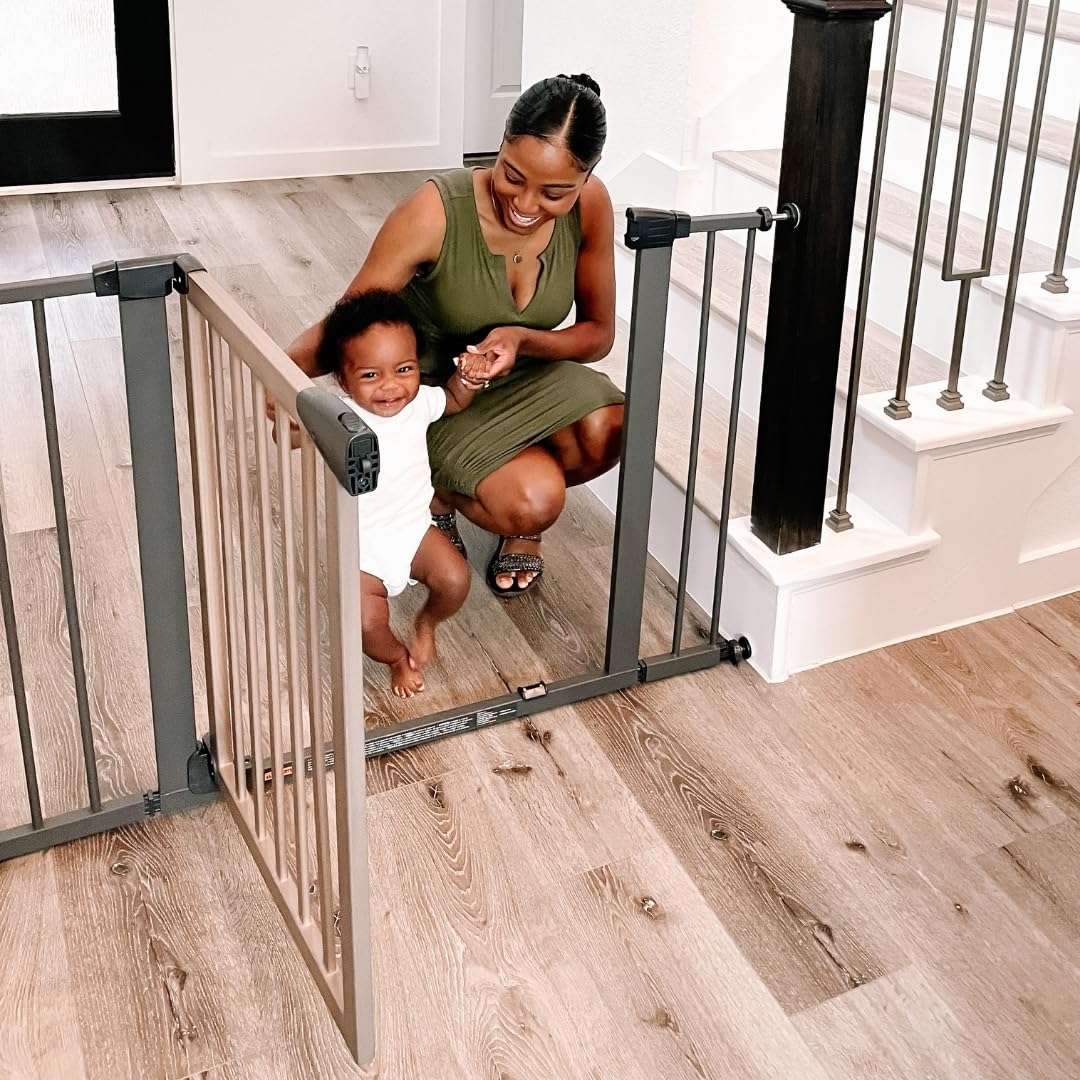 Toddleroo by North States Driftwood Extra Wide Auto Close Baby Gate: SelfClosing Child Gate with HoldOpen Feature. Pressure Mo