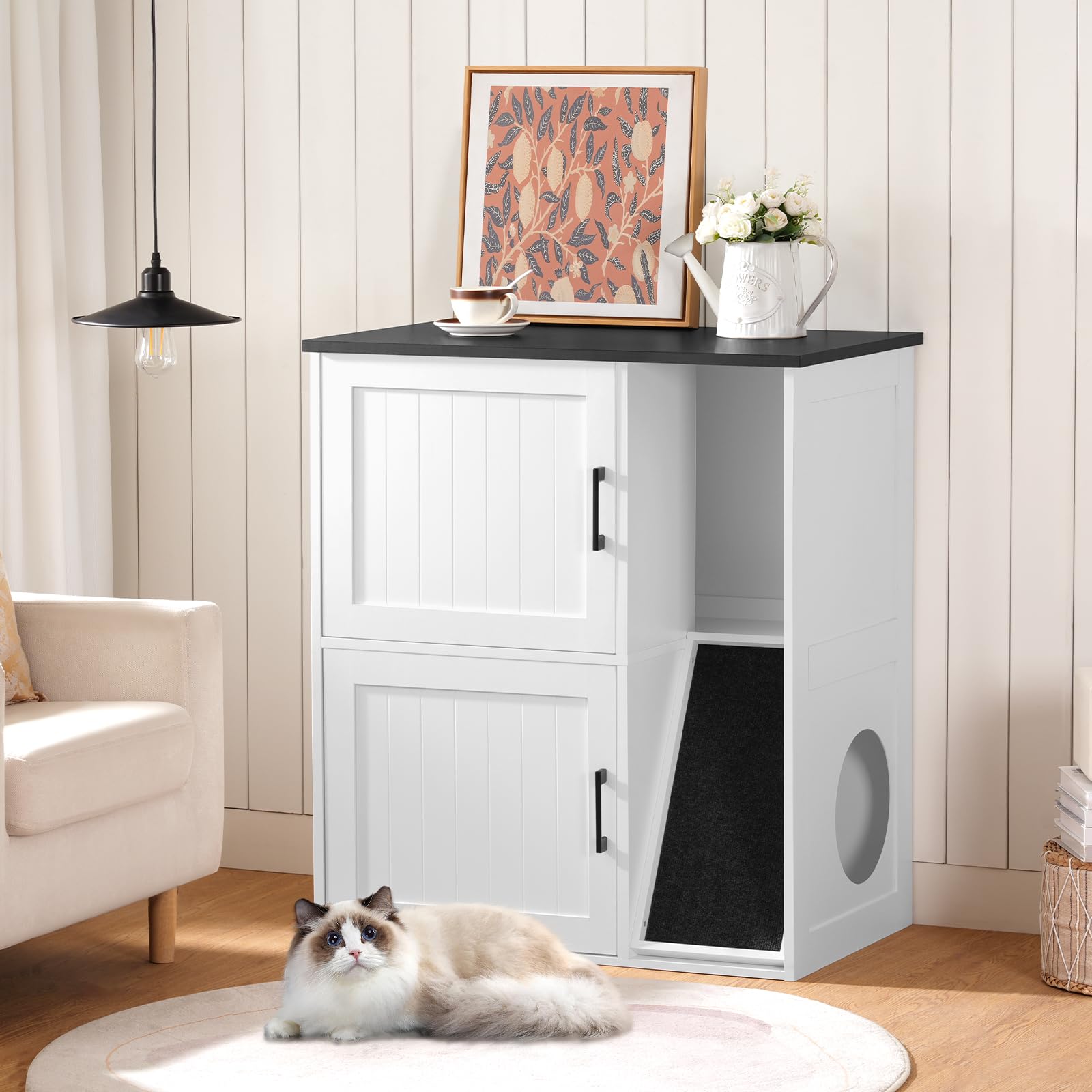 MAHANCRIS Litter Box Enclosure for 2 Cats, Hidden Litter Box Furniture with Scratch Pad, Double Litter Boxes Enclosure, Wooden C