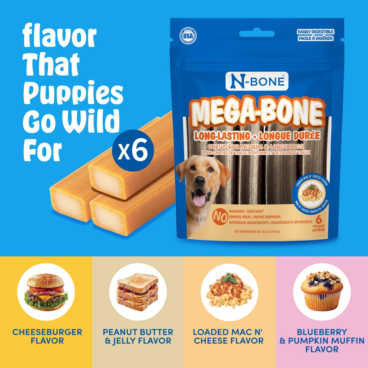 N-Bone Mega-Bone Dog Chews, Long-Lasting Mac n' Cheese Flavor, 16.8oz (6 Count)