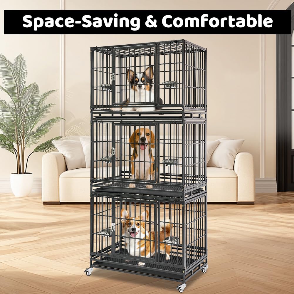 Homey Pet 2 Pack Three Tiers 37 Inch Dog Crate Stackable, Escape Proof Dog Cage Kennel Indoor With Top Access And Lockable Wheel