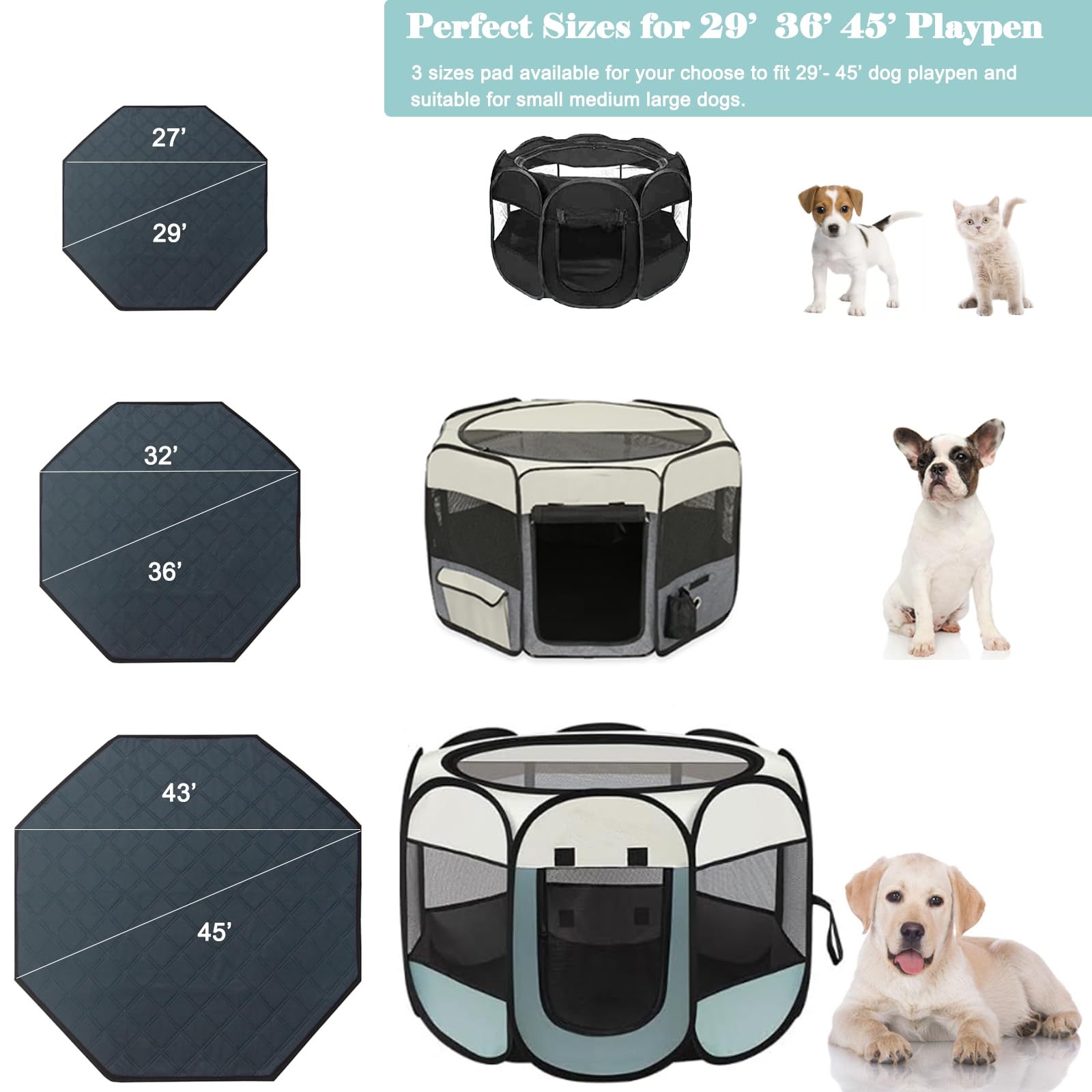 Zhilishu Dog Playpen Mat - Washable Leakproof Potty Training Pad, 45" Dark Grey, TPU Material, Ideal for Indoor Crate Kennels