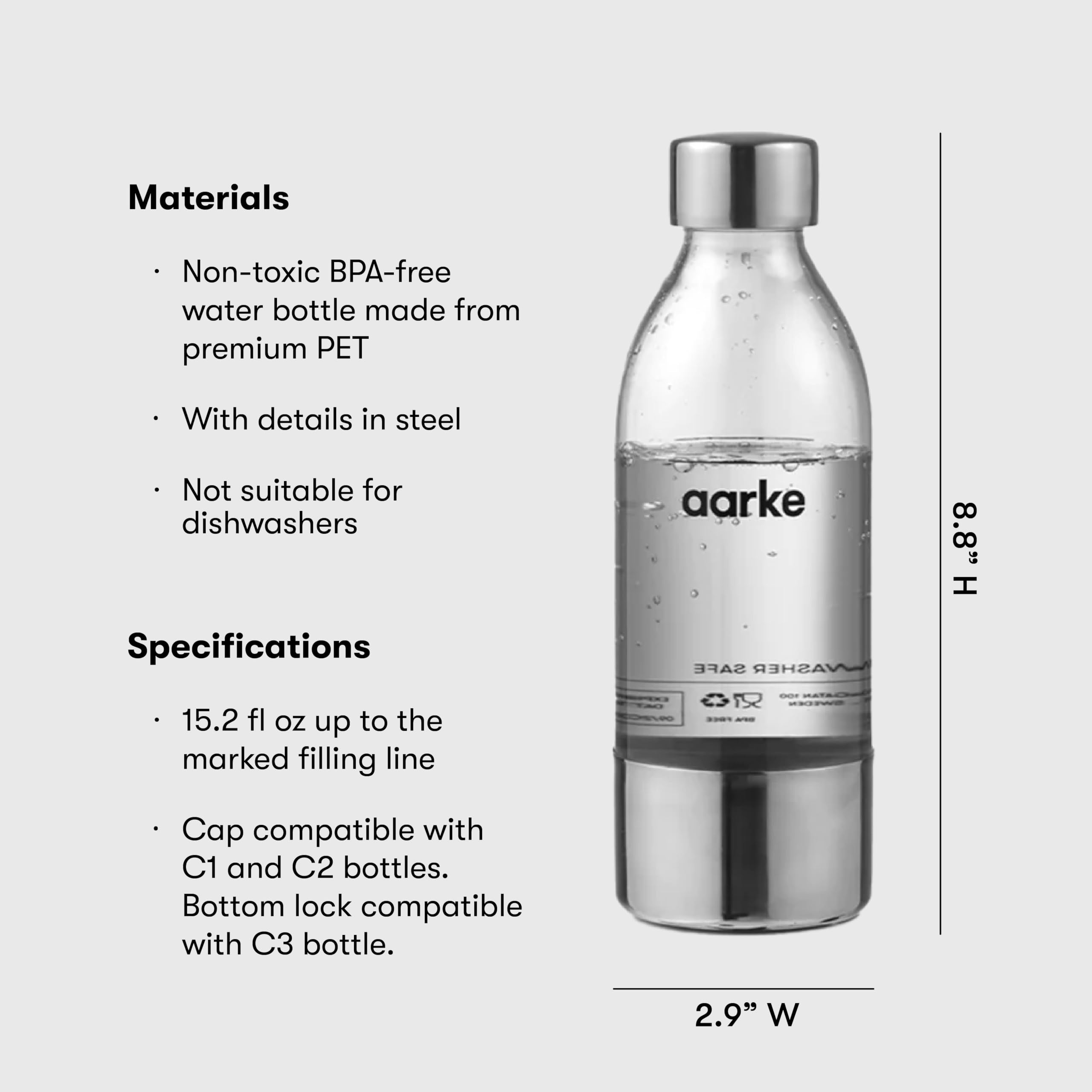 Aarke Pack Of 2 Small Pet Bottles For Carbonator 3, Bpa-Free With Stainless Steel Details, 450 Ml