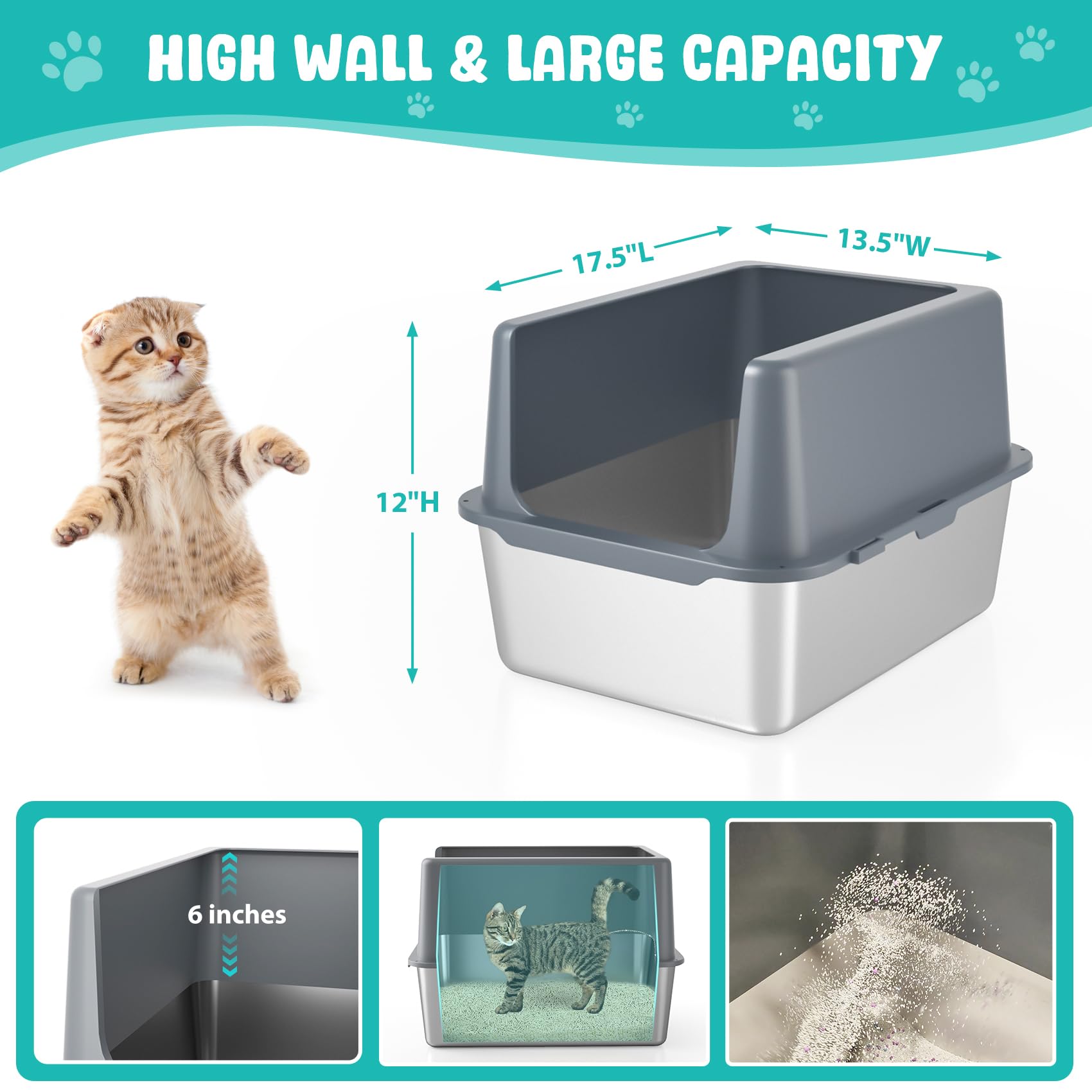 Lihoooom Litter Box With Lid, Stainless Steel Litter Box, 12'' Metal Litter Pan High Sides, Small Litter Tray For Kittens, Cat L