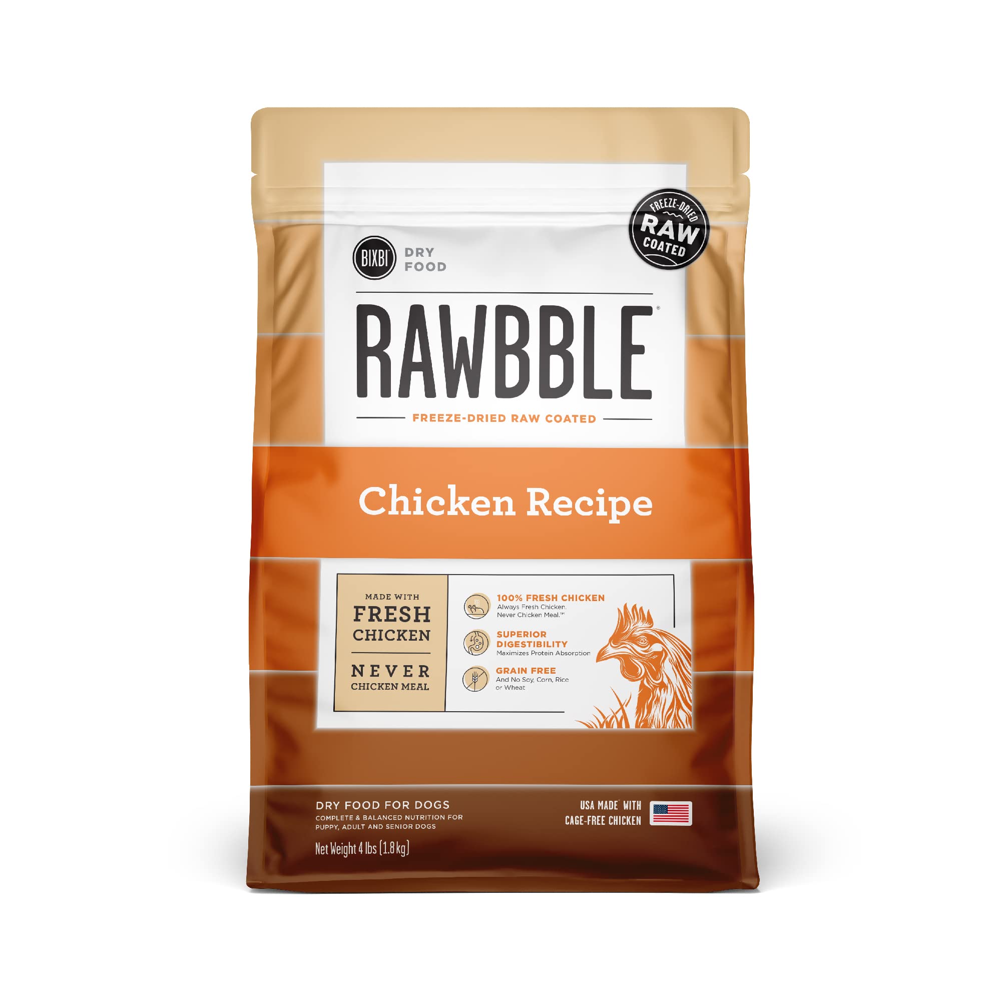 BIXBI Rawbble Dry Dog Food, Chicken, 4 lbs - USA Made with Fresh Meat - No Meat Meal & No Corn, Soy or Wheat - Freeze Dried Raw