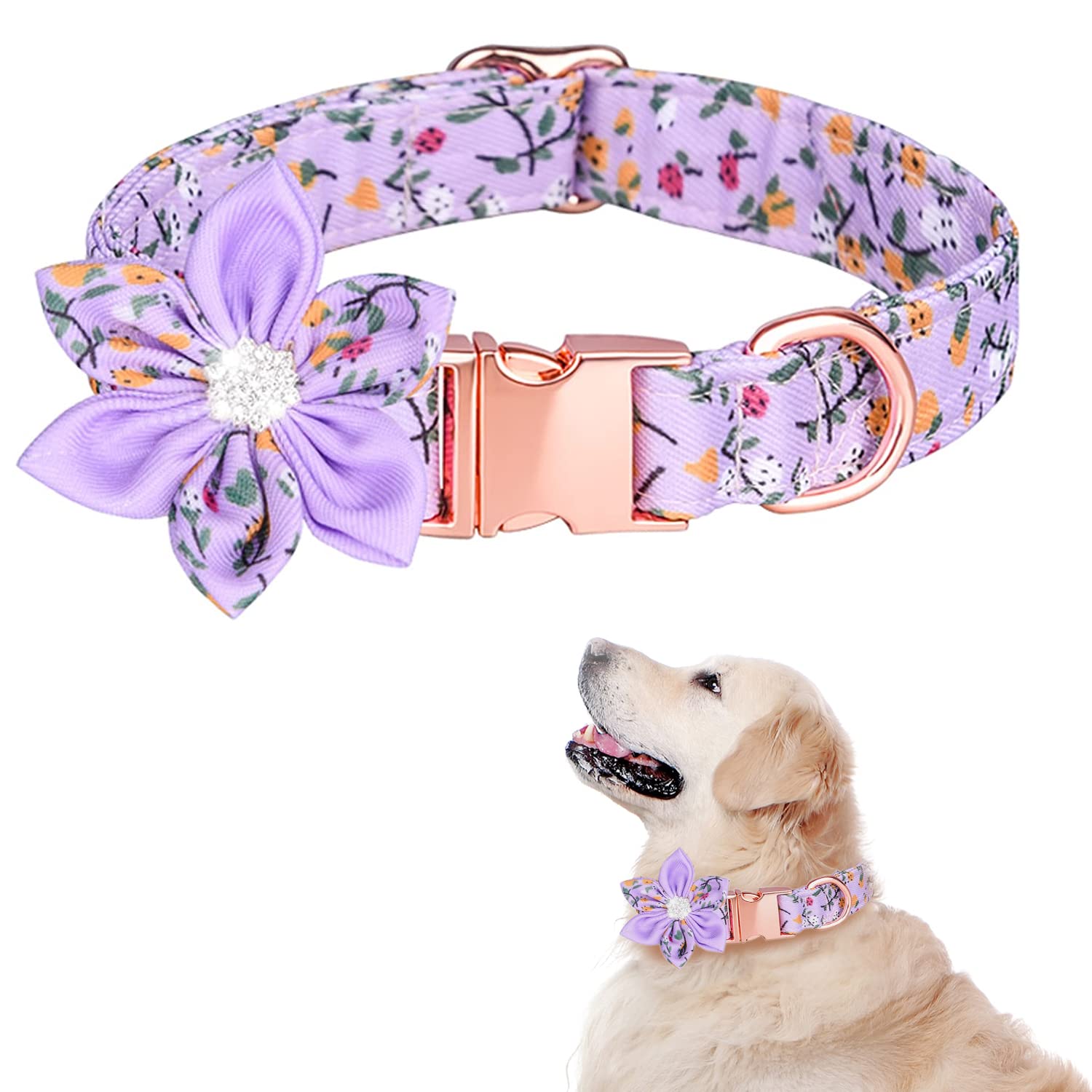 Tdtok Girl Dog Collar With Detachable Flower, Safety Metal Buckle Floral Pattern Soft Comfy Cotton Pet Collars For Small Medium 