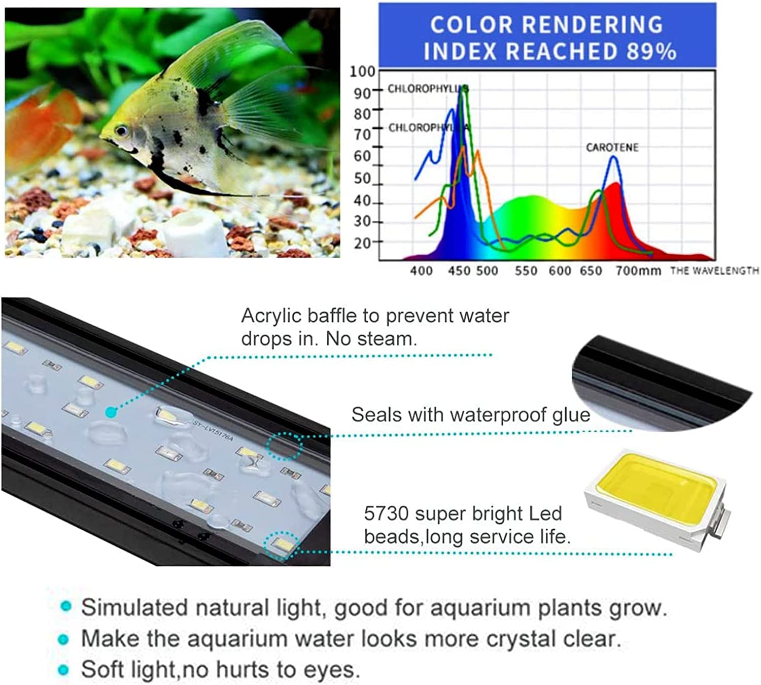 Kzkr Led Aquarium Light 60-72 Inch Foldable Adjustable Fish Tank Light Hood Lamp For Freshwater Saltwater Marine Blue And White Decorations Light 5-6Ft 150Cm - 180Cm