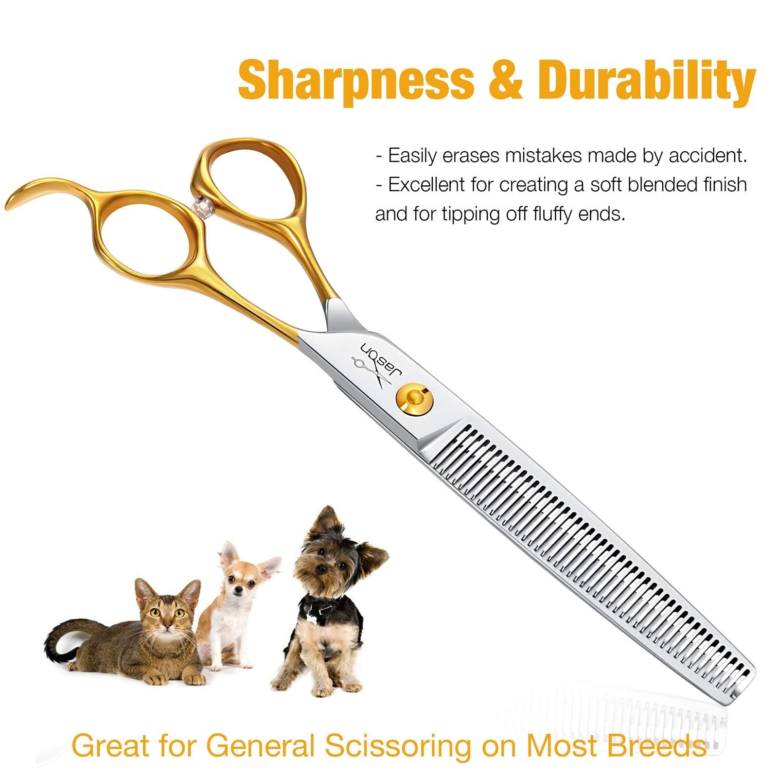 JASON 7.5" Thinning Shears for Dogs, 40-Teeth Steel Grooming Scissors, D-7.5" Thinner, Professional Pet Blending Tool