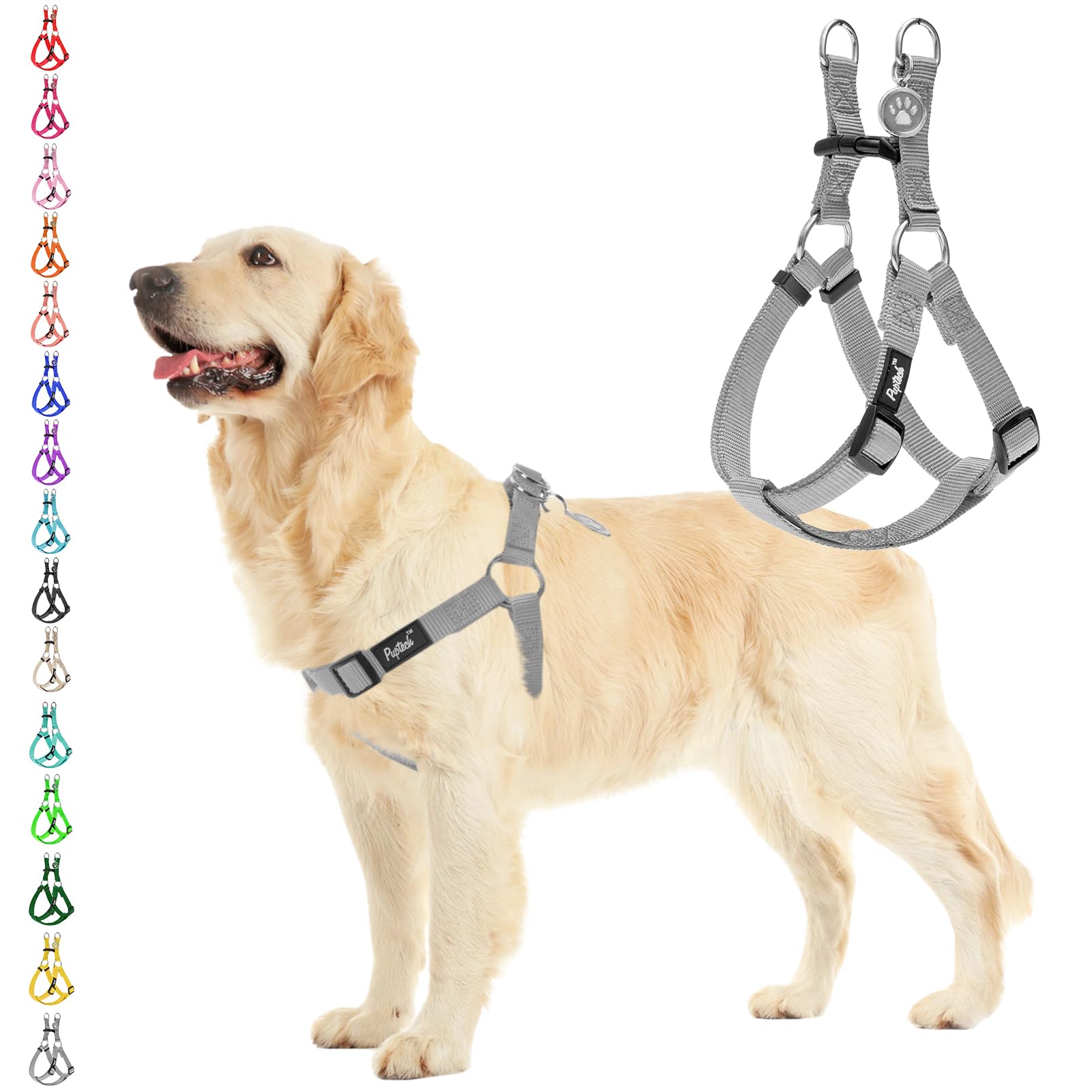 Pupteck No Pull Dog Harness Soft Adjustable Basic Nylon Step In Puppy Vest Outdoor Walking With Id Tag, Grey, L