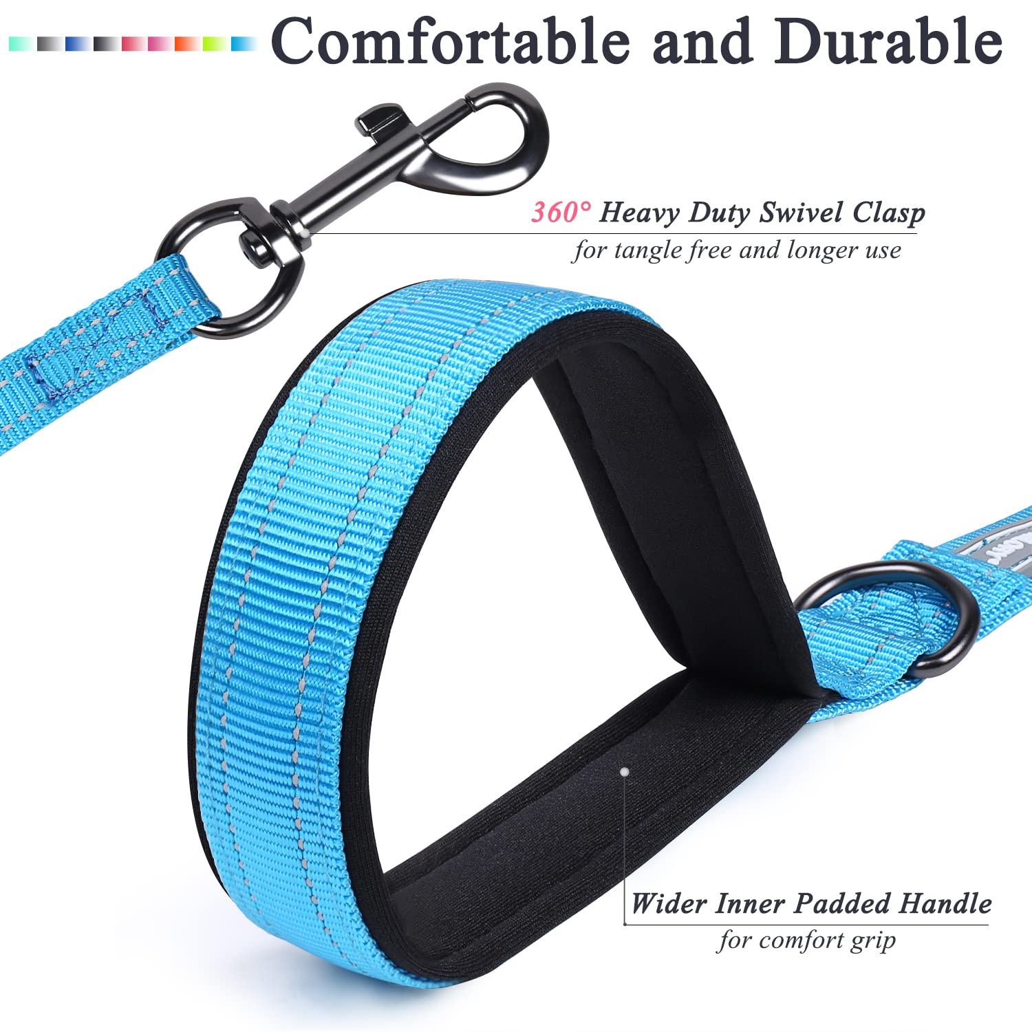 Vivaglory Traffic Handle Dog Leashes, Two Padded Soft Handles Strong Dog Leash, Reflective & Metal Hook Training Pet Lead, Lake