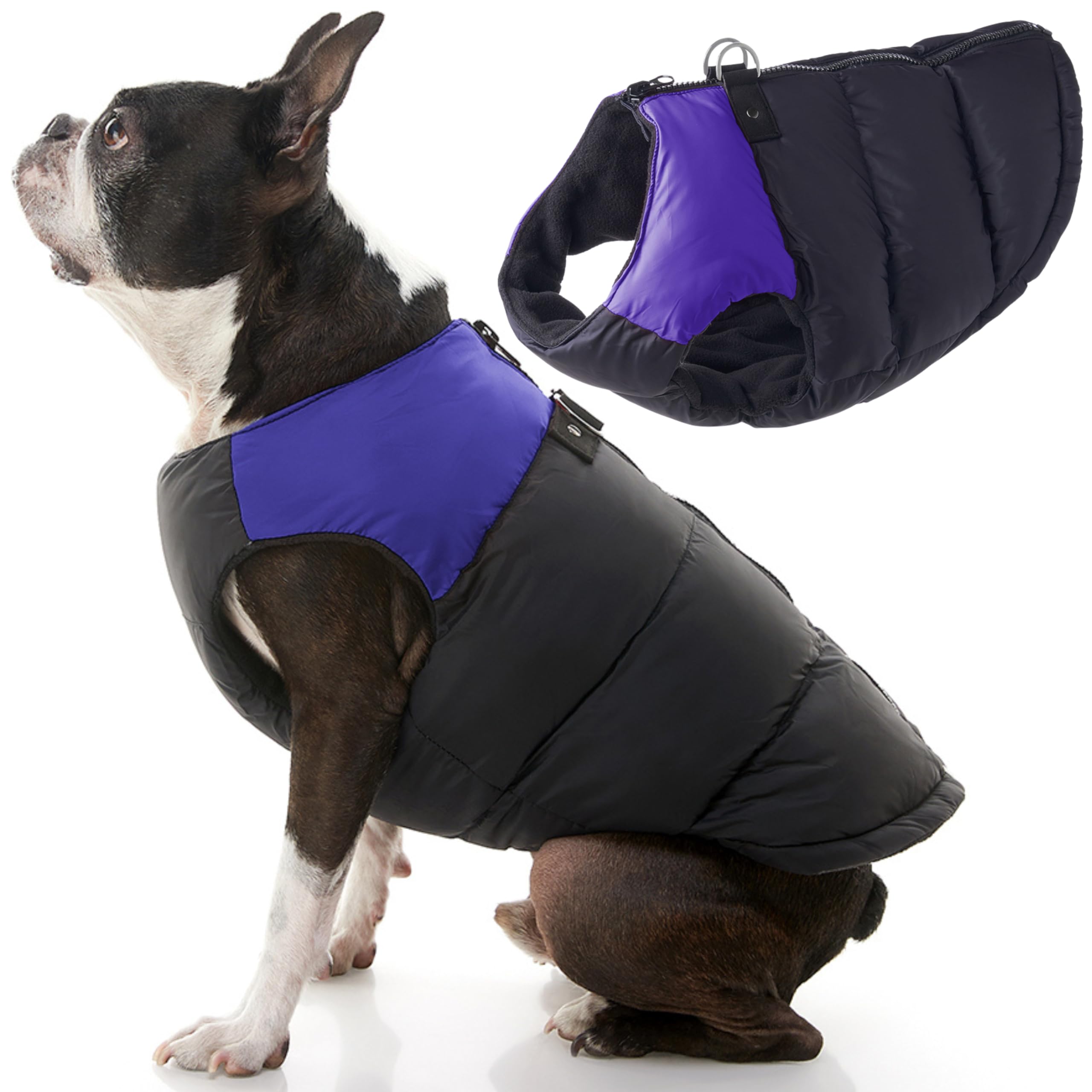 Gooby Padded Vest Dog Jacket - Purple, X-Small - Warm Zip Up Vest Fleece Jacket With Dual D Ring Leash - Winter Water Resistant 
