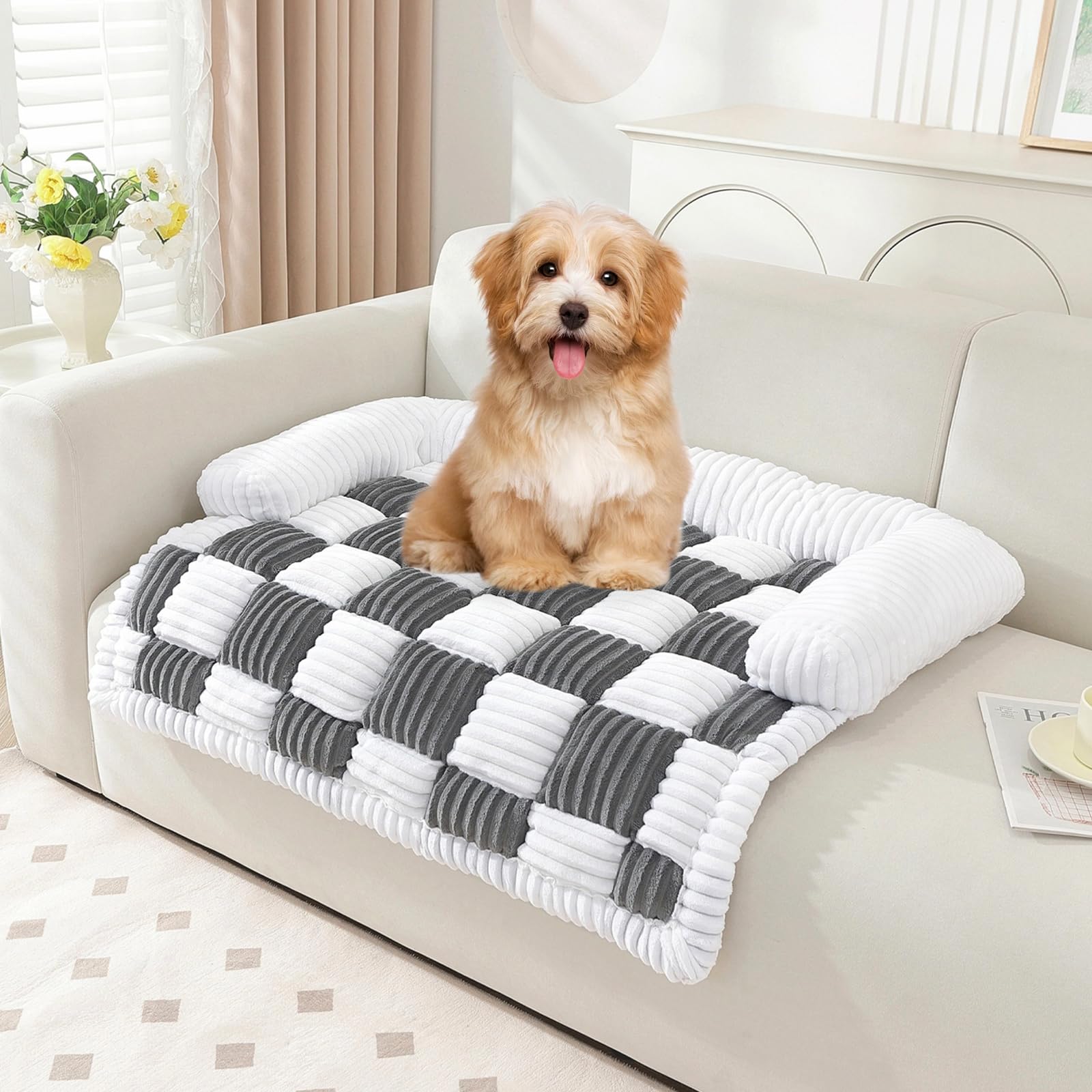 Extra Large Dog Bed For Couch, Washable Pet Bed Mat, Checkerboard Cozy Plush Sofa Mat, Pet Couch Cover Furniture Protector For S