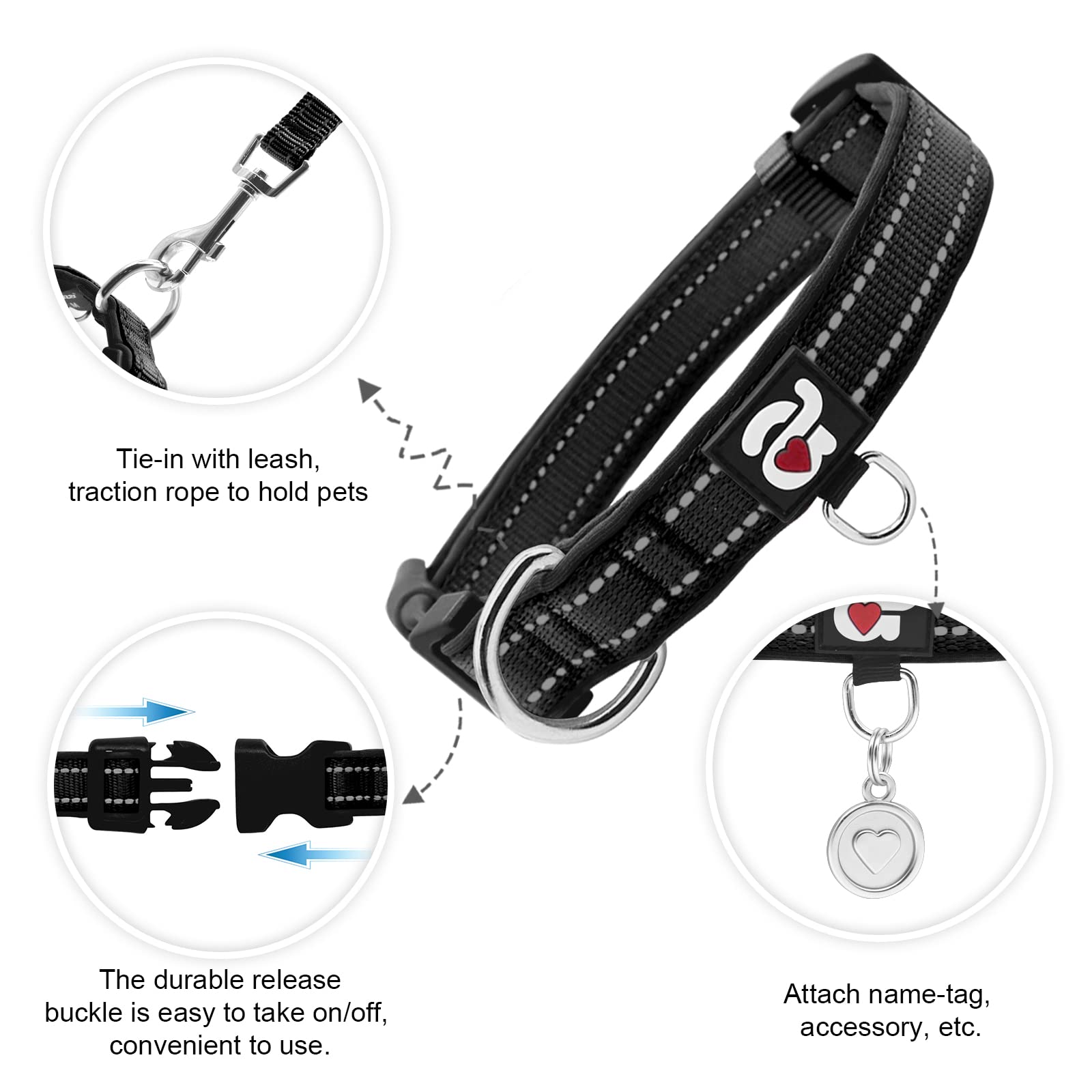 Azuza Reflective Dog Collar,Soft Neoprene Padded Pet Collar With Id Tag Ring,Adjustable For Large Dogs,Black,L