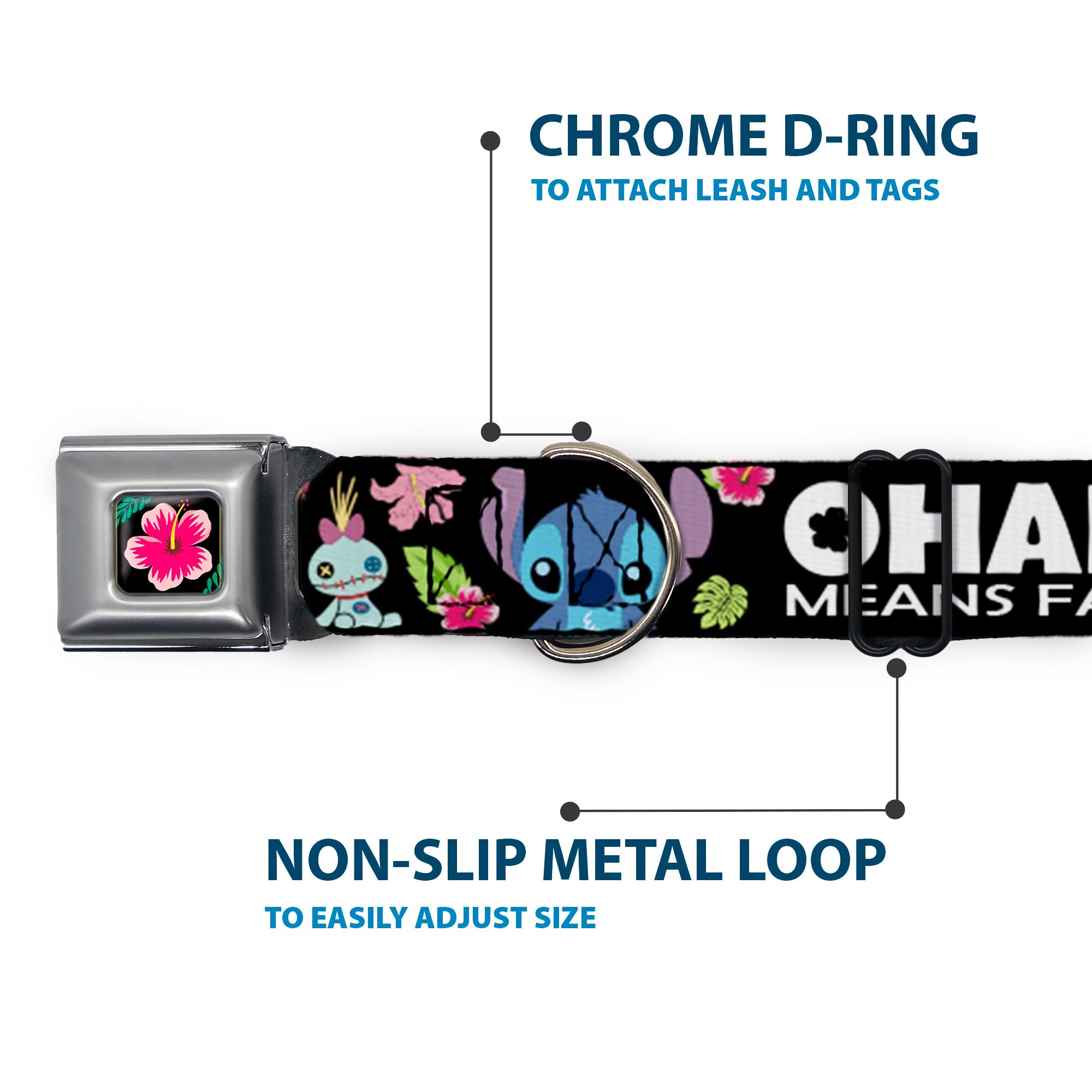 Buckle-Down Lilo & Stitch -Ohana Means Family Dog Collar, Seat Belt Buckle, Black Multicolor