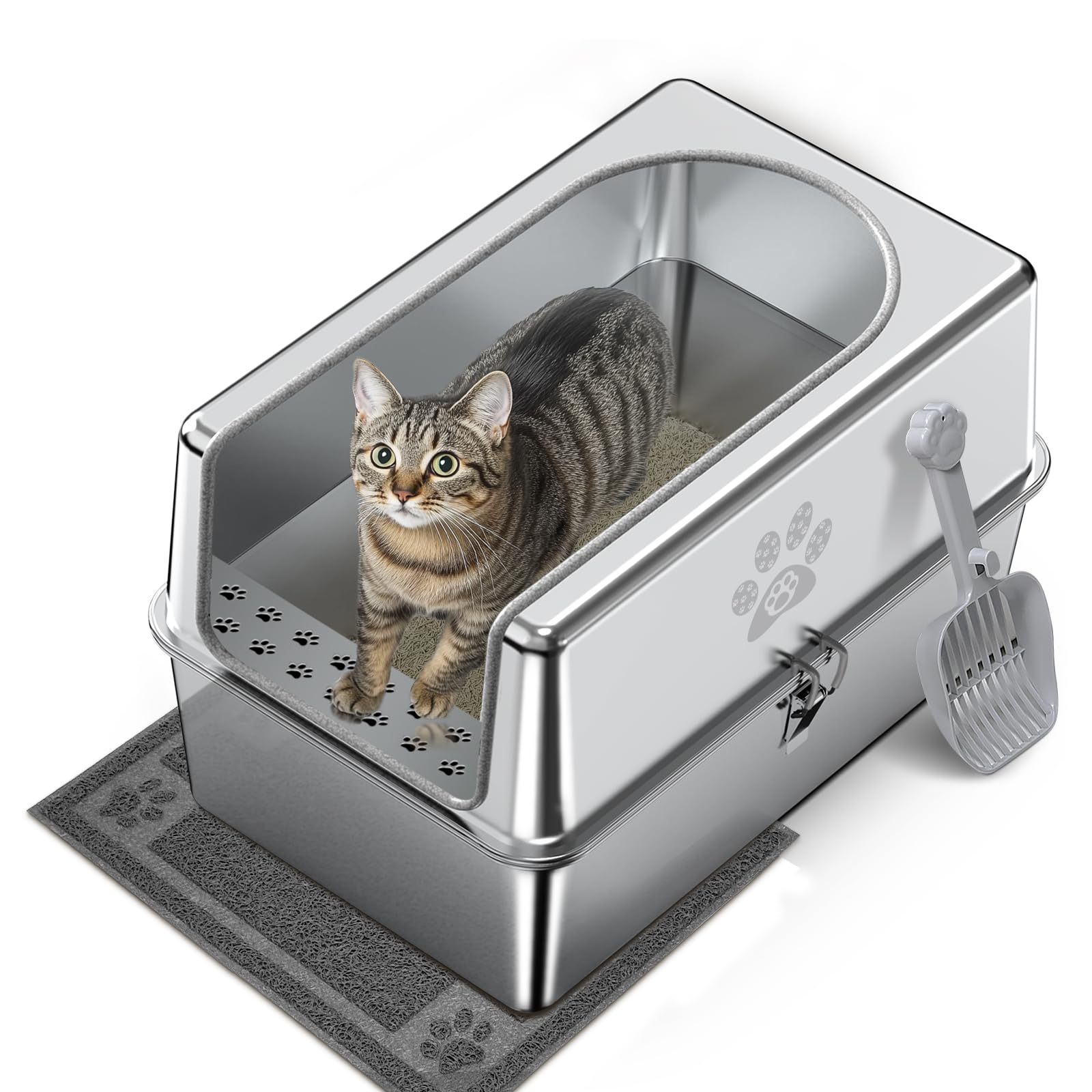 PWTAA Enclosed Stainless Steel Cat Litter Box with Lid, Metal Litter Box for Big Cats, Extra Large Cat Toilet with High Side, No