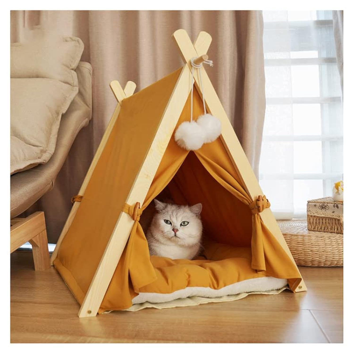 Solid Wood Cat Indoor Tent With Thick Mat,Portable Dog House Dog Teepee Tent,Cute Cat Teepee Cave Cat Bed,Dog Bed (Orange)