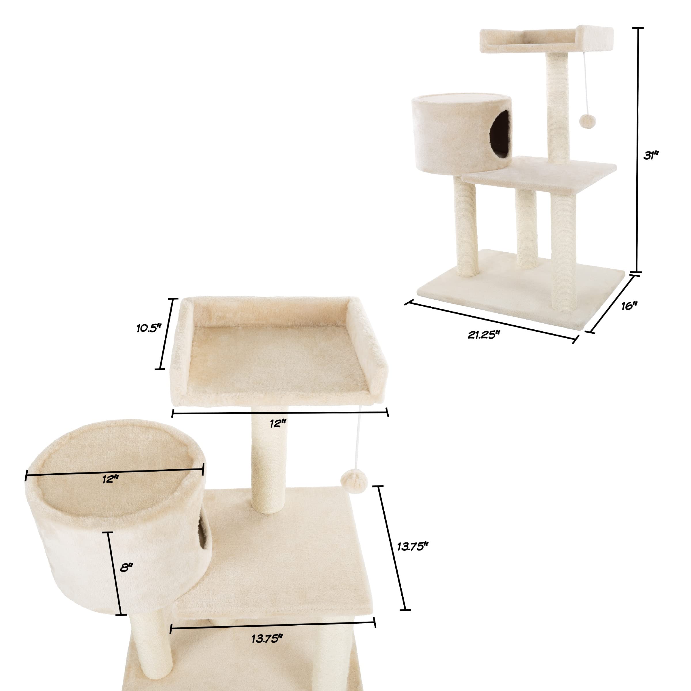 3-Tier Cat Tower - 2 Napping Perches, Cat Condo, 4 Sisal Rope Scratching Posts, Hanging Toy - Cat Tree For Indoor Cats And By Pe