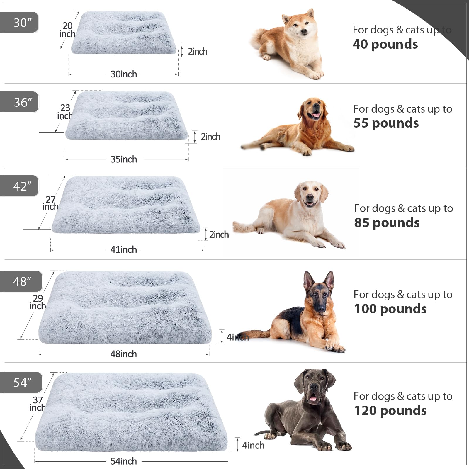 Vonabem Dog Bed, Extra Large, Plush Soft Pet Beds For Xl Dogs, Crate Pad, Washable, 41L X 27W X 2H Inches, 100 Lbs Capacity, Grey